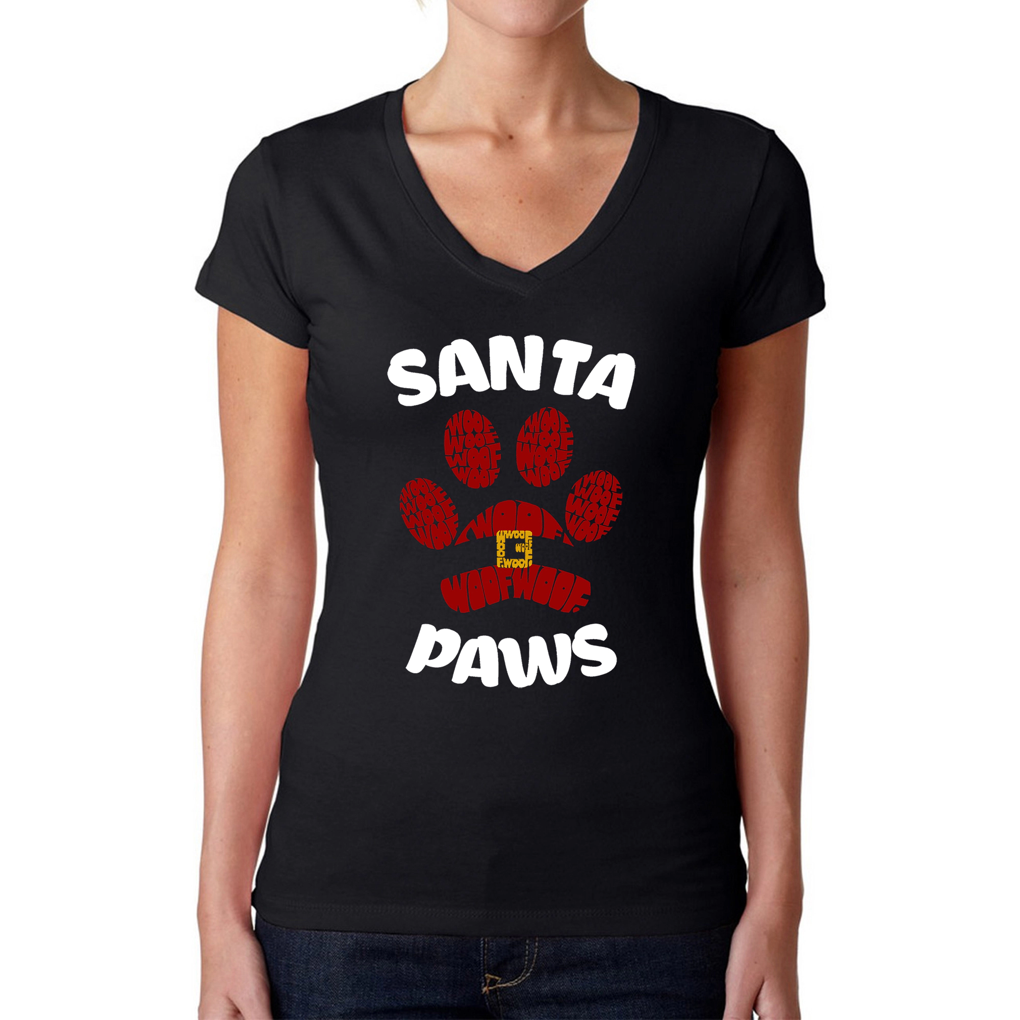 LA Pop Art Womens Word V-Neck T-Shirt - Santa Paws