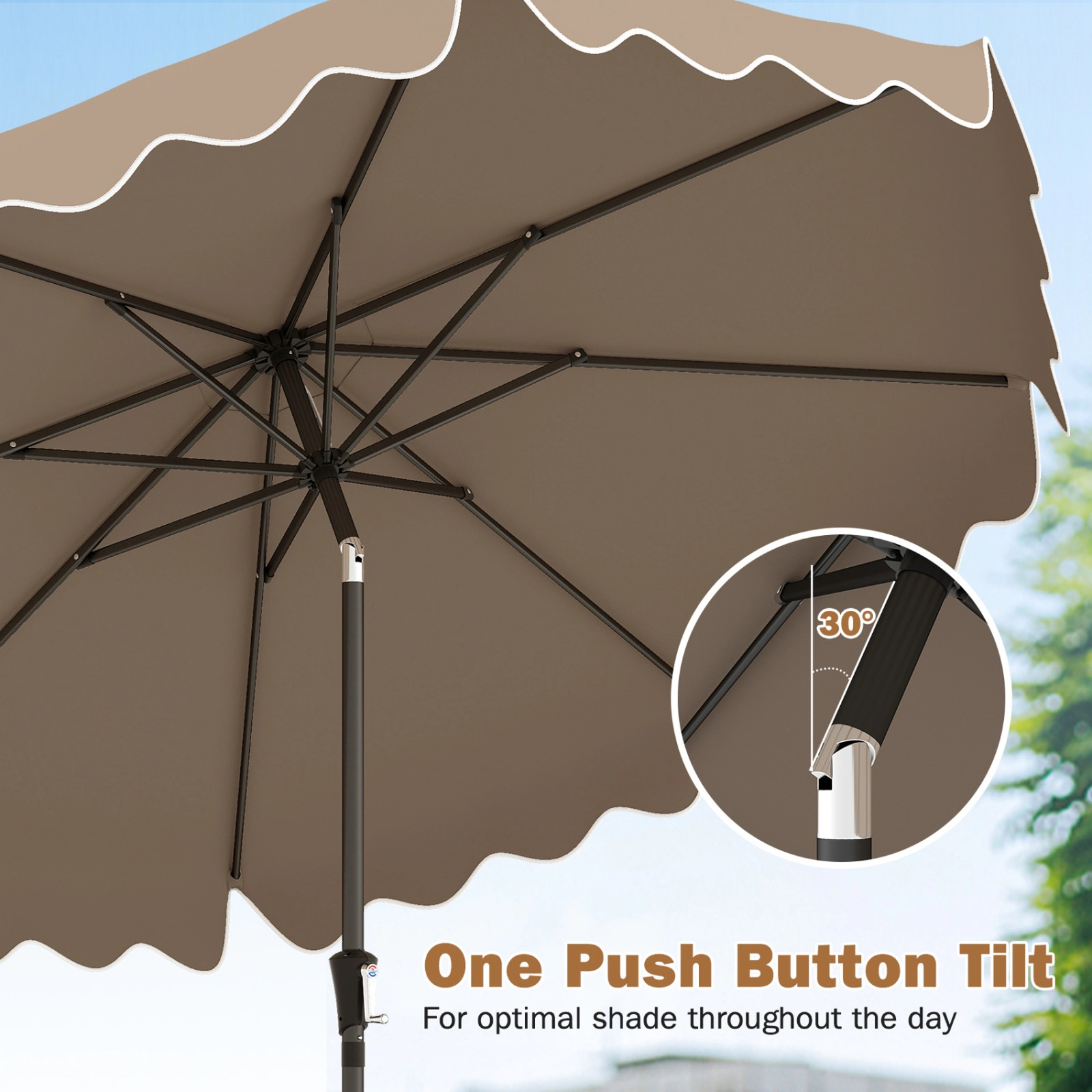 SUGIFT 9-ft Double-Tier Ruffled Patio Umbrella Weighted Base & Sandbags 9 x 8 in Polyester Canopy 17-lb Umbrella Brown