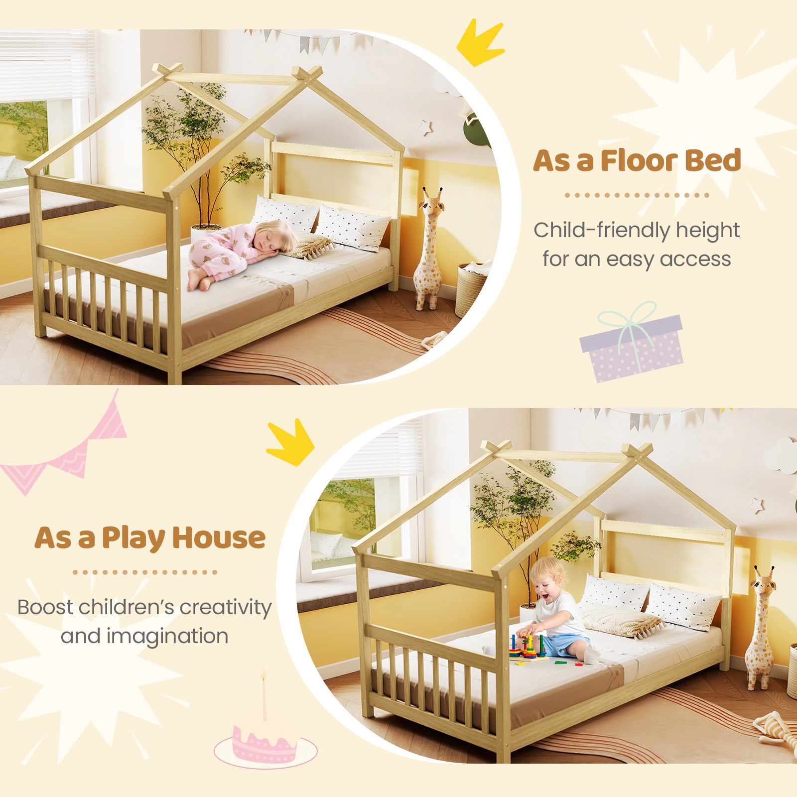 SUGIFT Twin Size Wooden House Bed Frame with Roof 350-lb Capacity Pine Wood Plywood 82-in Long White/Natural