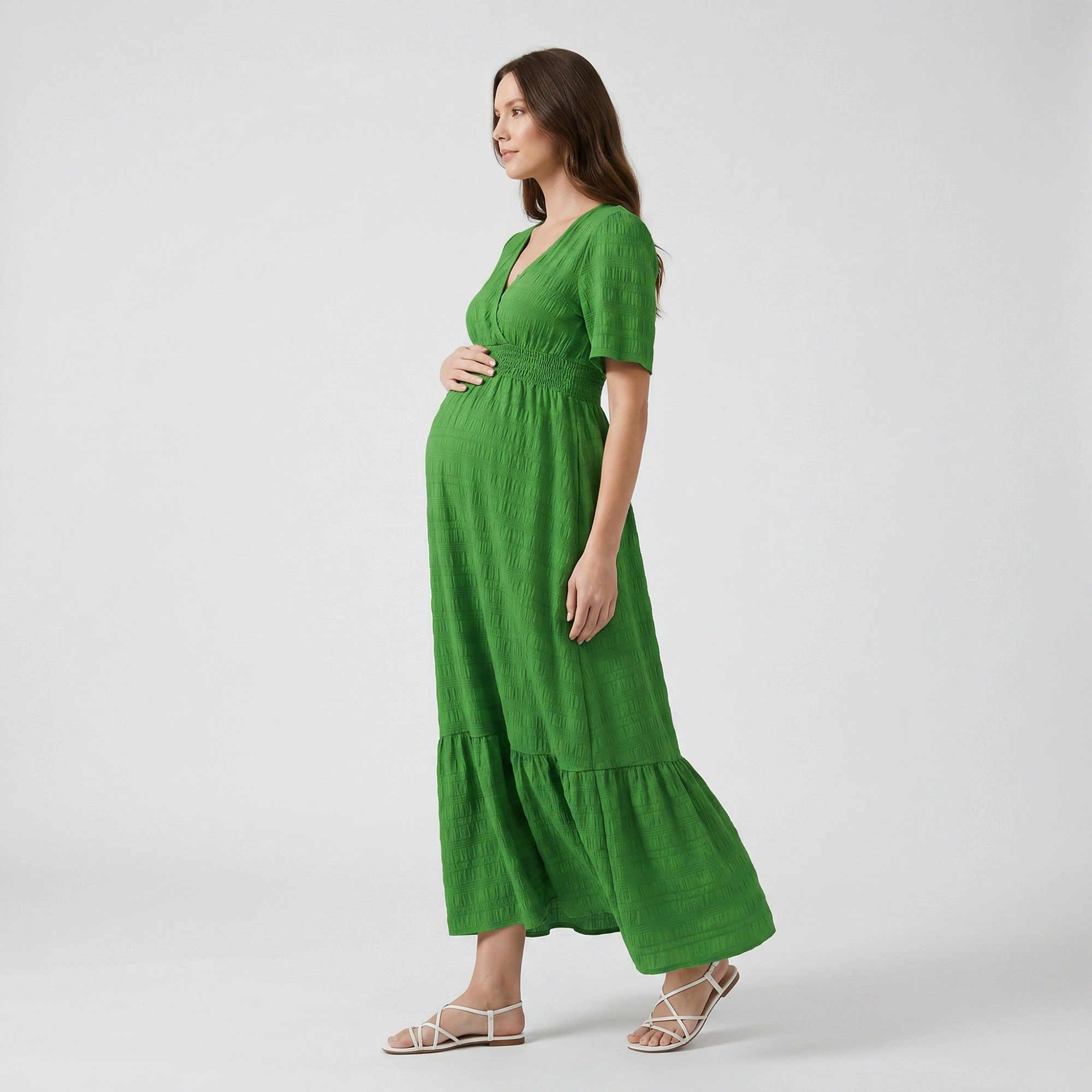 Anna-Kaci Women's Maternity V Neck Textured Short Sleeve Tiered Hem Midi Dress