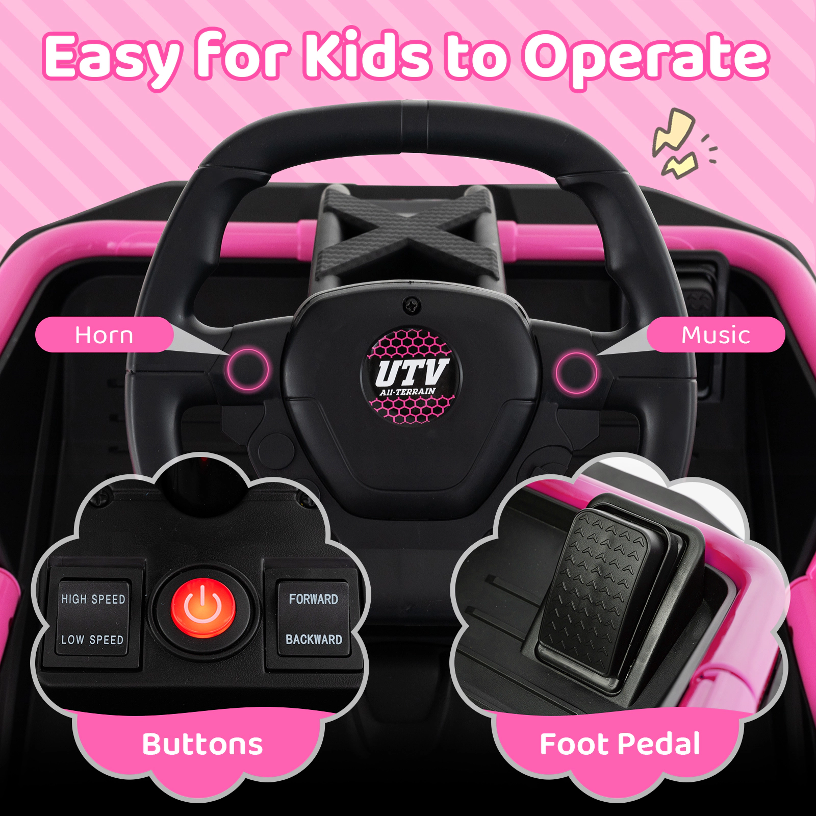 SUGIFT 12V Electric Ride-On UTV Car with Remote Control and Music 110-lb Capacity Ages 37-95 Months Pink