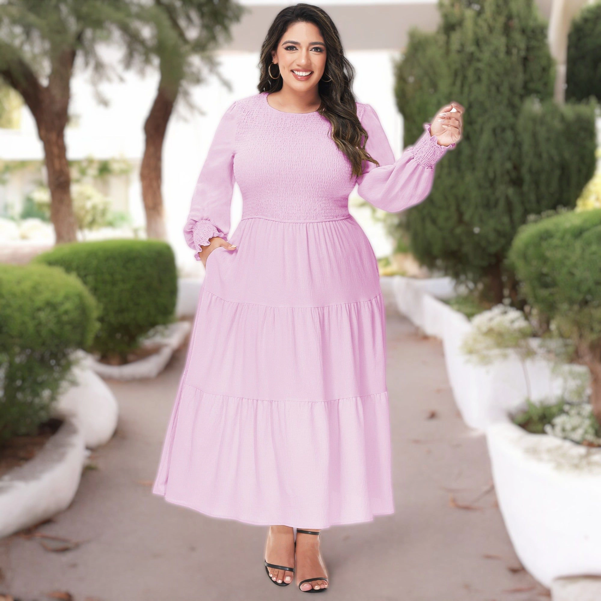 Anna-Kaci Womens Plus Smocked Chest Round Neck Flowy Tiered Maxi Dress