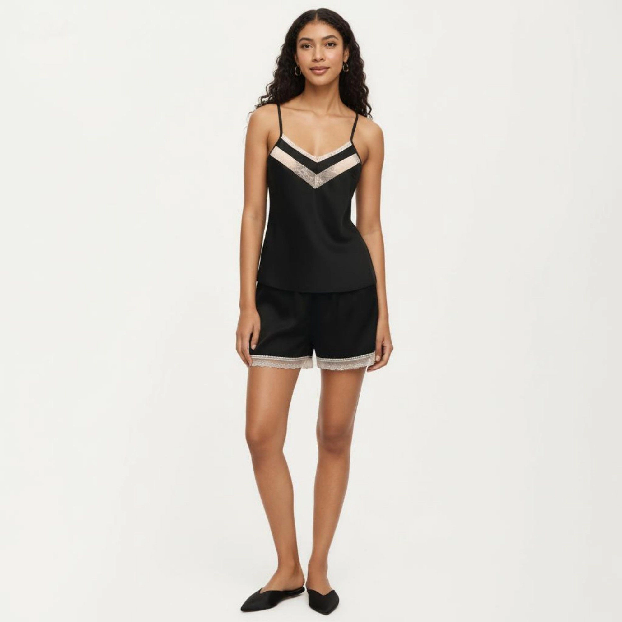 Anna-Kaci Women's 2-Piece Satin Pajama Camisole Top and Shorts with Contrast Lace Trim Adjustable Straps Sleepwear