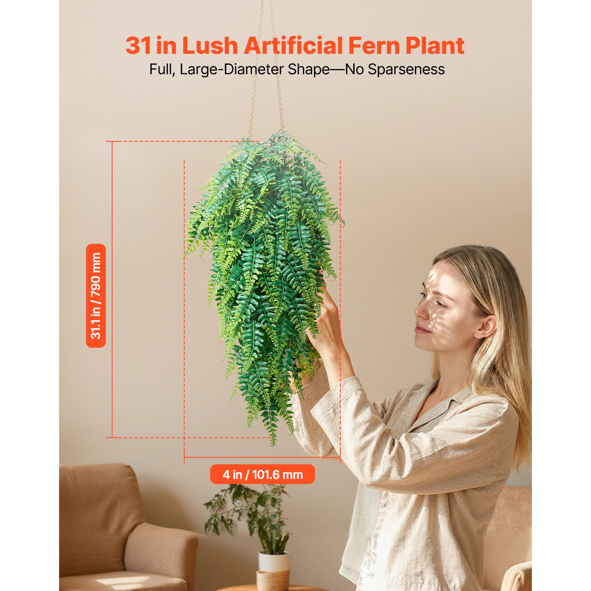 HONGGE Artificial Ferns, Fake Hanging Boston Fern Bush Plant with Hanging Length