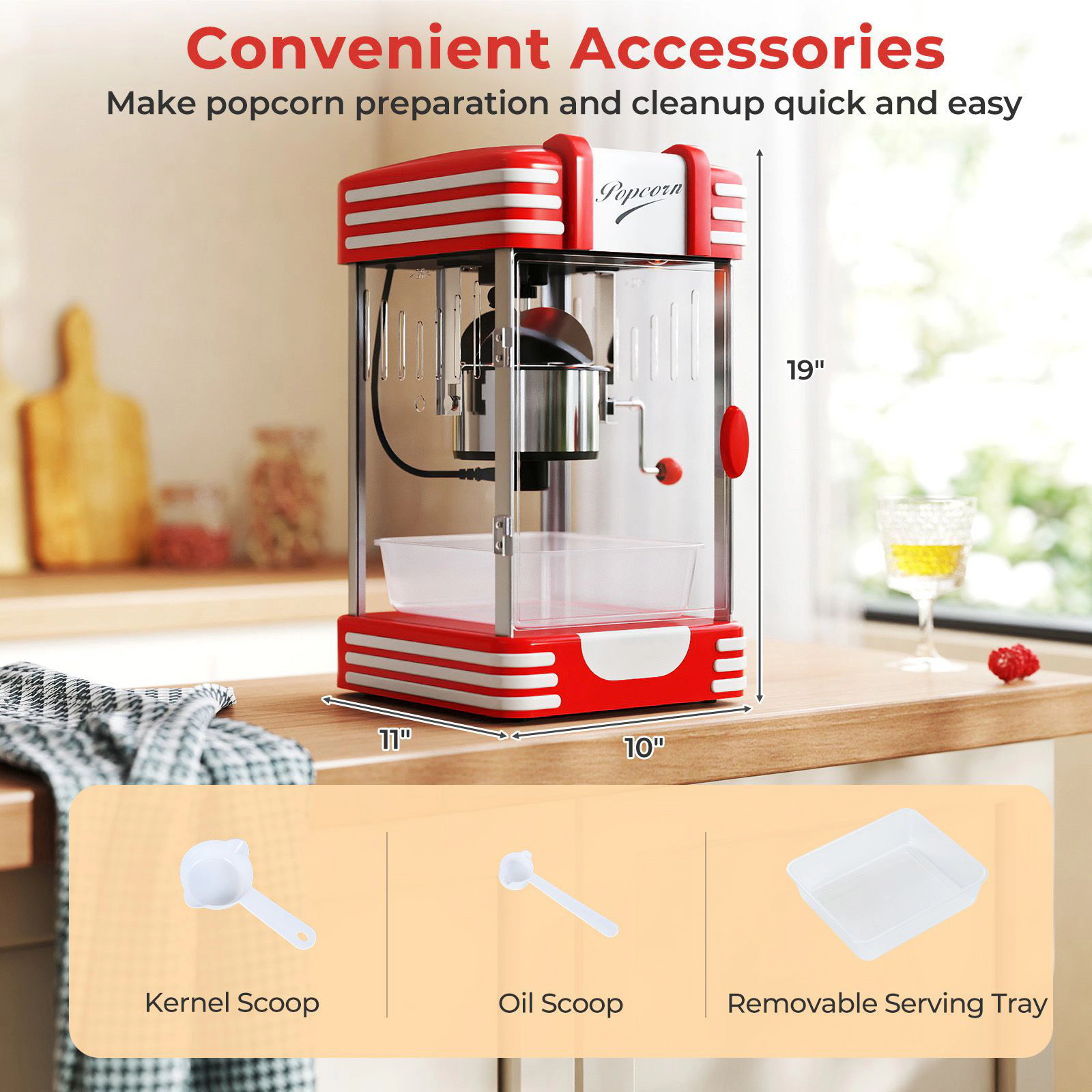 SlickBlue Red Countertop Popcorn Maker, 3.5 Oz Kettle, 300W, Warming Light, Retro Design