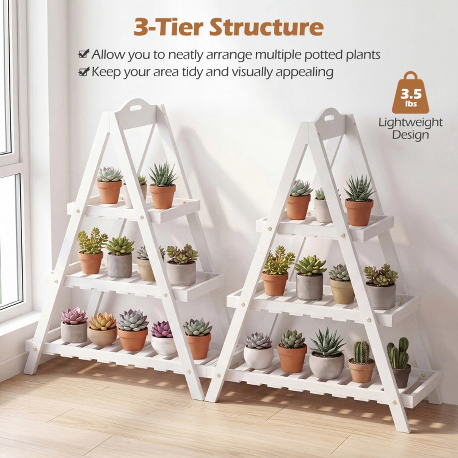 SUGIFT 3-Tier Plant Stand Flower Pot Display Shelf 33-lb Total Capacity 11-lb Per Shelf White/Natural