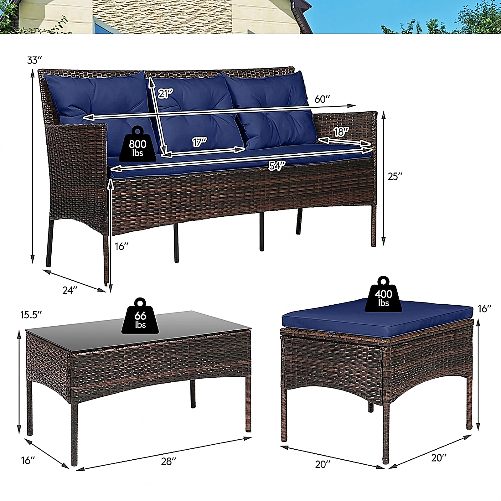 SUGIFT Ottoman and Glass Table 3-Piece Patio Rattan Sectional Set