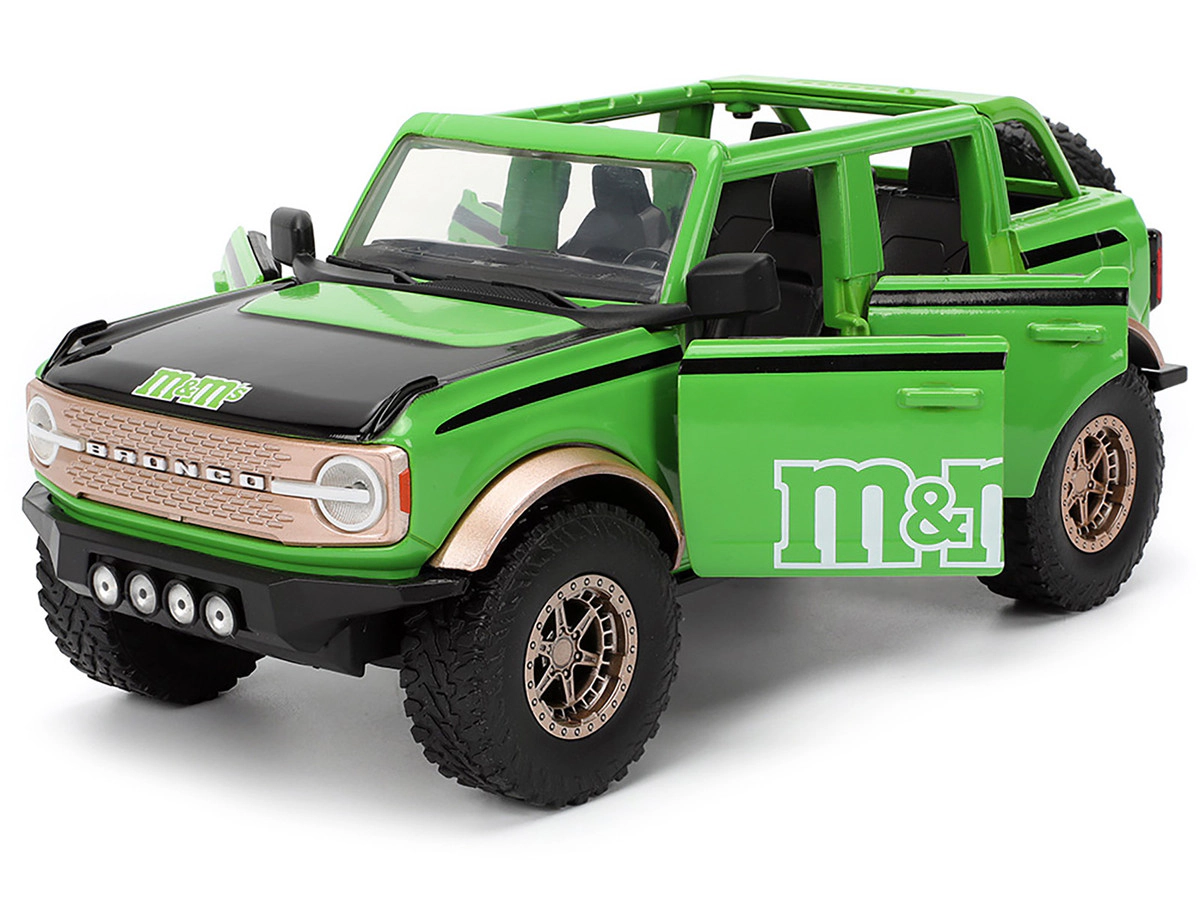 Jada 2021 Ford Bronco Green with Black Stripes and Green M&M's Diecast Figure "Hollywood Rides" Series 1/24