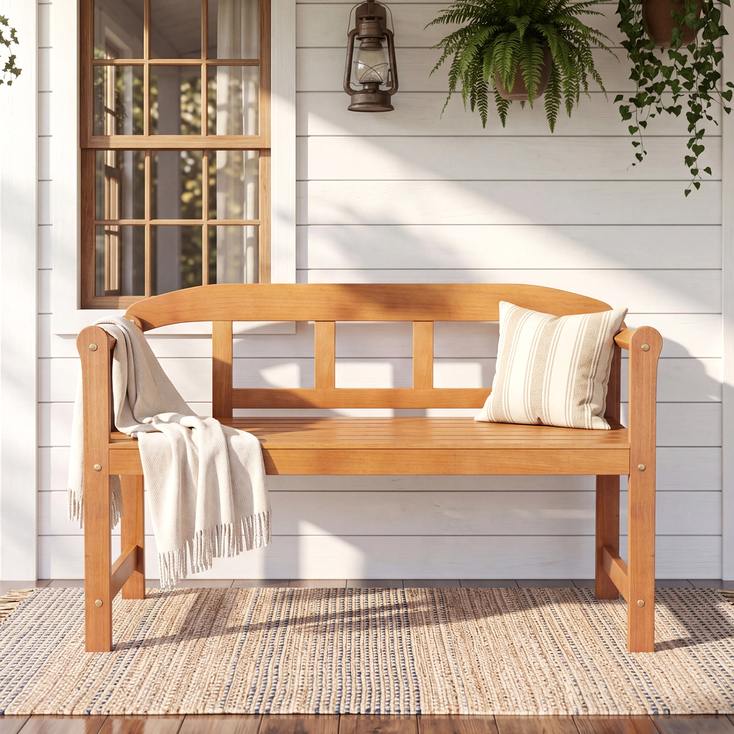 LJG 2-Seater Outdoor Acacia Wood Garden Bench with Backrest & Armrests