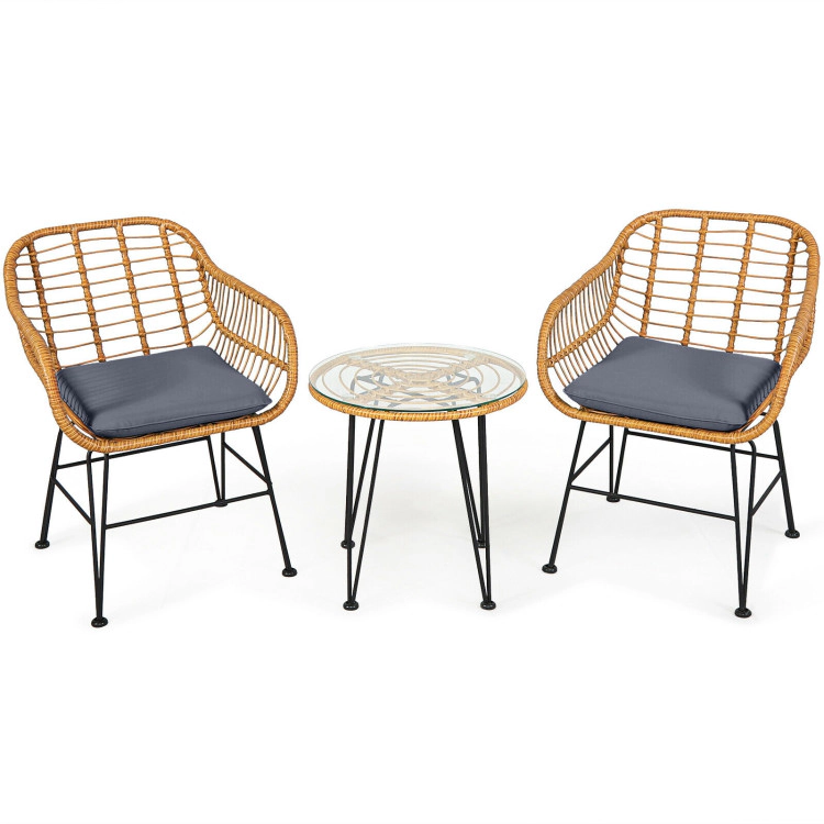 Hivvago 3 Pieces Rattan Furniture Set With Cushioned Chair Table