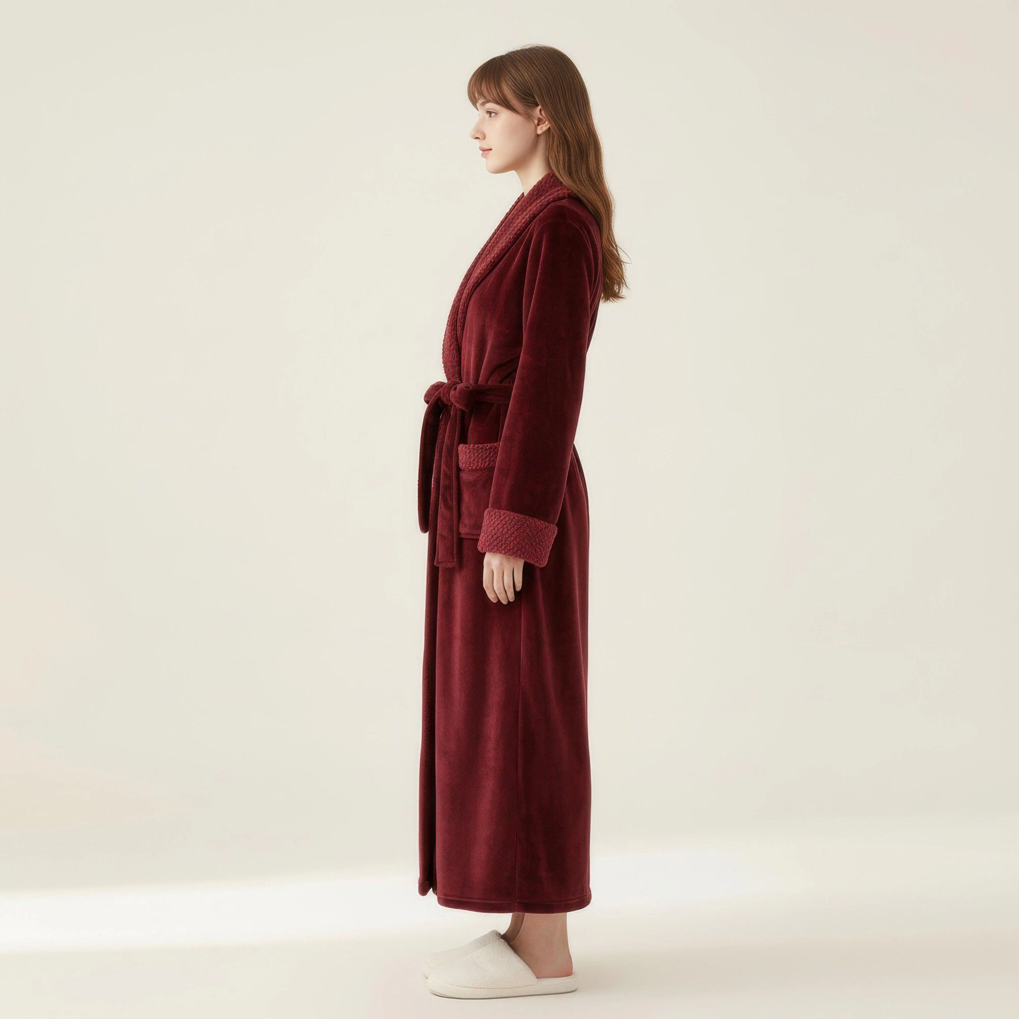 Anna-Kaci Women's Plush Long Robe with Textured Shawl Collar Tie Waist Belt Soft Warm Full Length Bathrobe