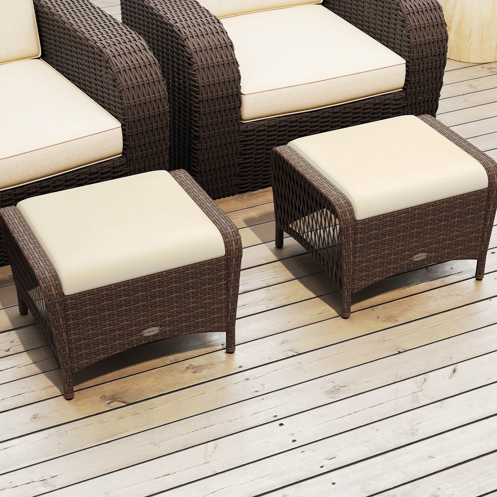 LJG Set of 2 Outdoor Patio PE Wicker Ottomans with Removable Cushions