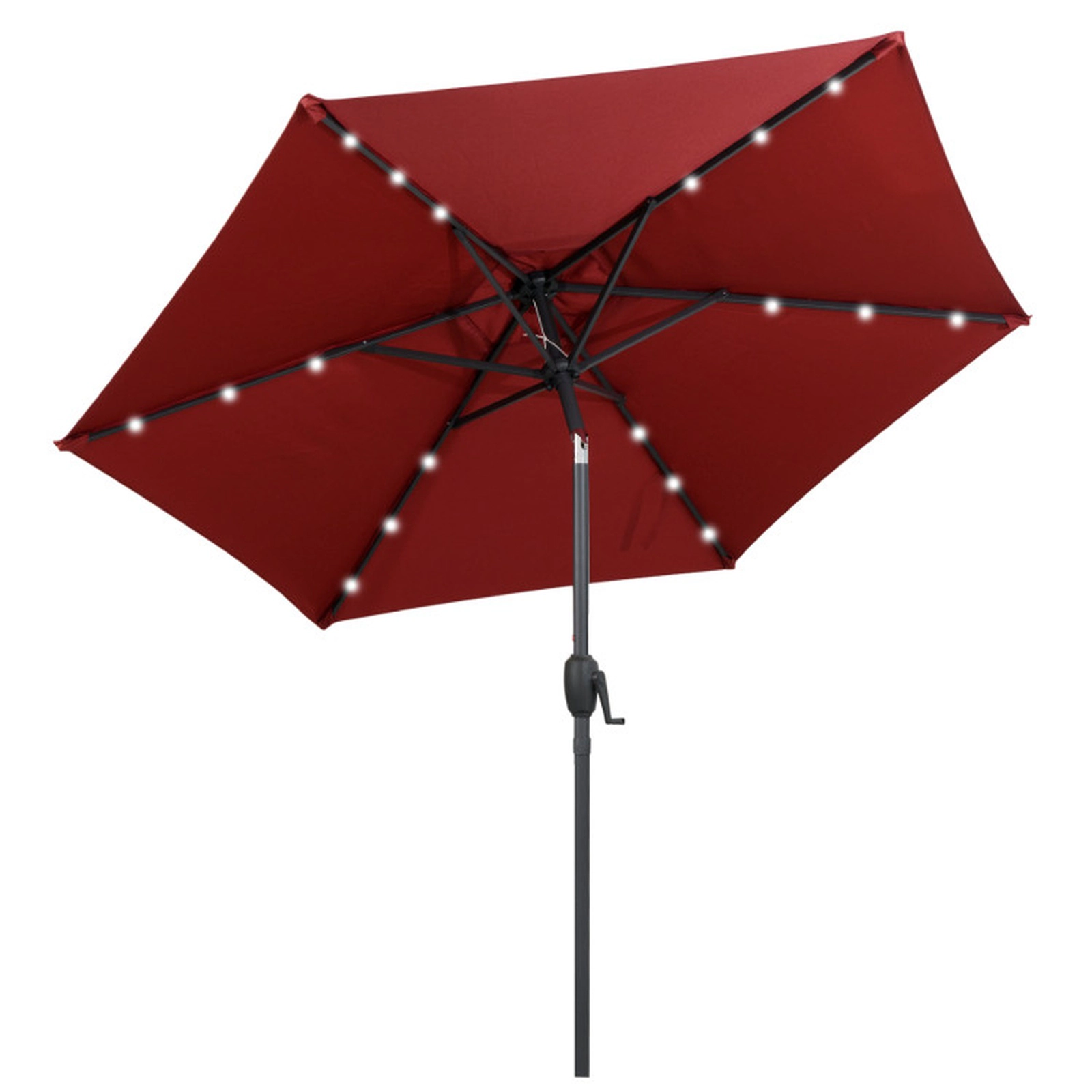 SUGIFT 7.5-ft Solar Powered Patio Umbrella with 18 LED Lights Crank Handle Metal Frame Polyester Canopy Burgundy