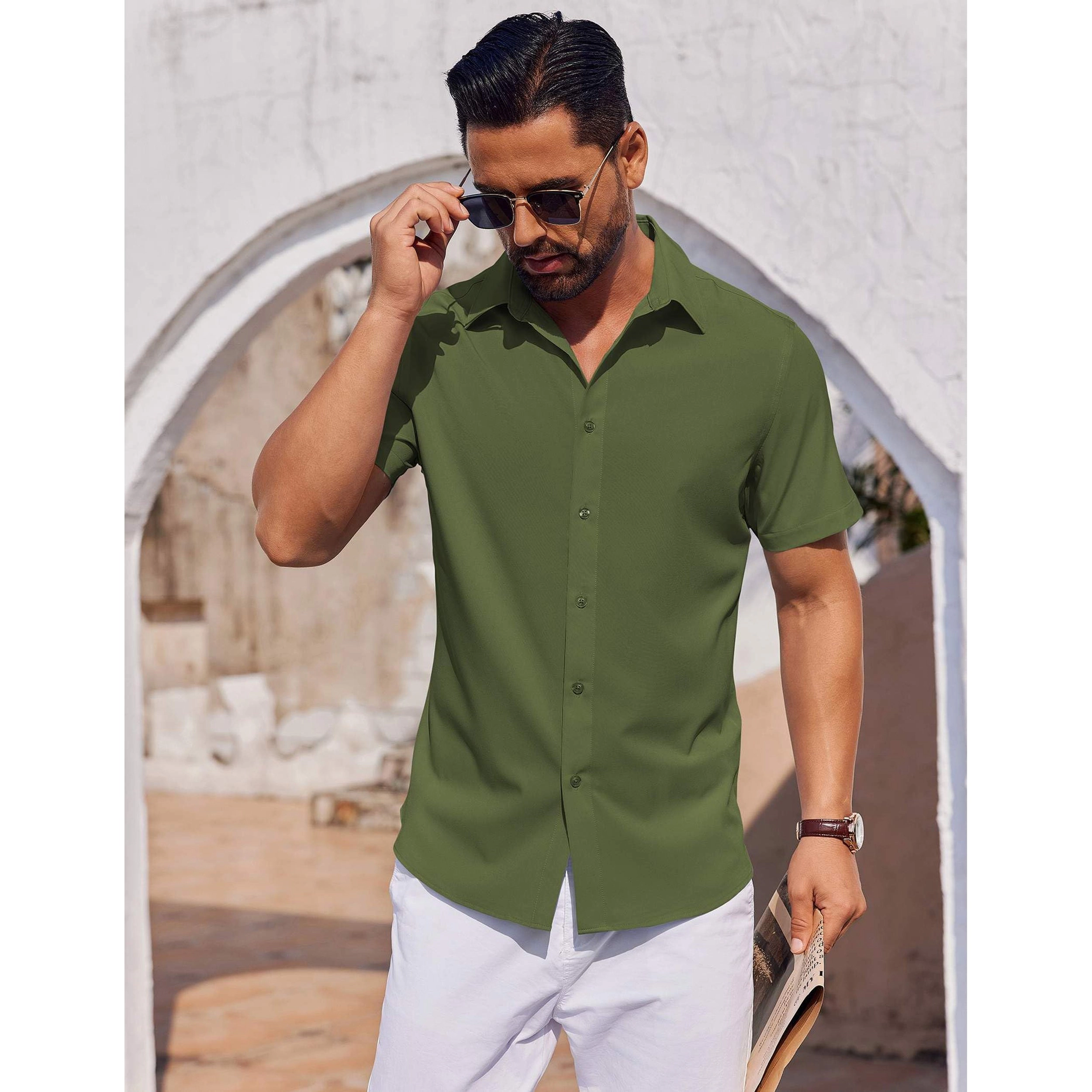 COOFANDY Mens Short Sleeve Button Down Shirt  Lapel Collar Casual Dressy Tops