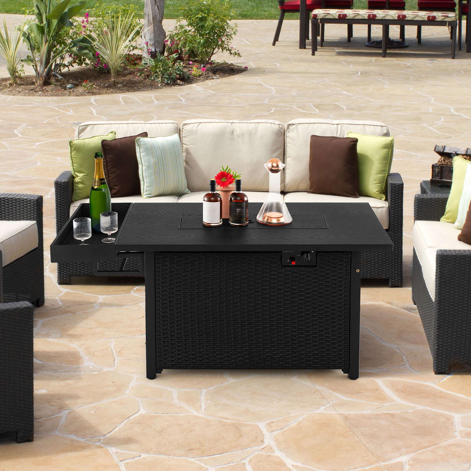 SUGIFT 52-in Rectangle 50000-BTU Propane Gas Fire Pit Table with Wicker Frame Wind Guard and Cover