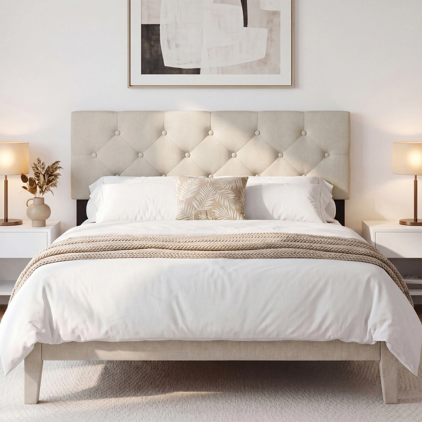 SUGIFT Button-Tufted Upholstered Headboard, Beige Faux Linen, Full/Queen, Adjustable Leg Width