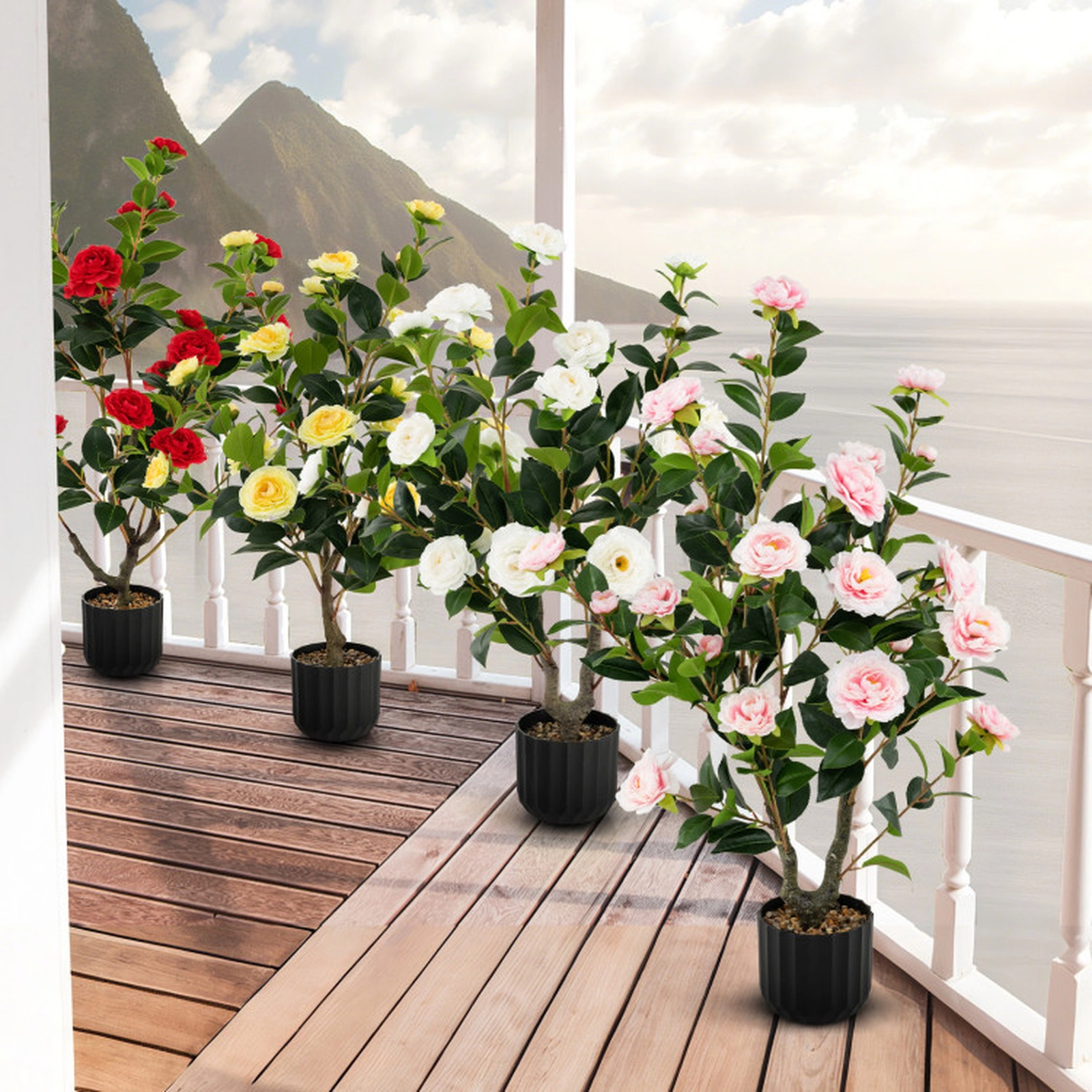SUGIFT Set of 2 38-in 24 Blossoms 186 Leaves Pebble Topped Artificial Camellia Trees 6-in x 5.5-in Pot 11.5-lb Pink