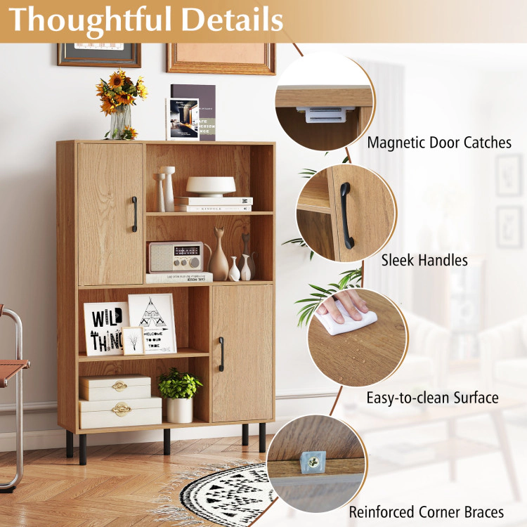 Hivvago 47 Inch Storage Cabinet Freestanding Bookcase with 2 Doors and 4 Open Shelves