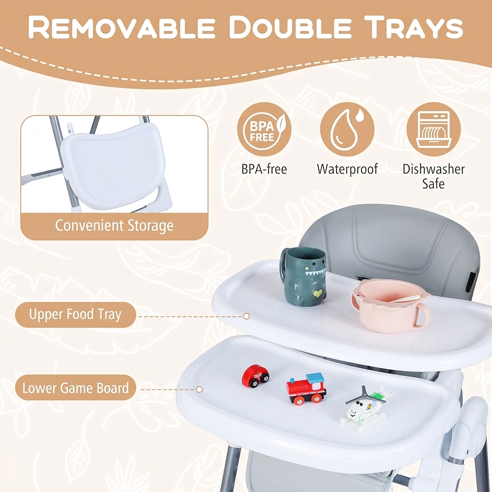 Adjustable Baby High Chair Independent Height Backrest and Footrest Settings PU Cushion Compact Fold Light Gray