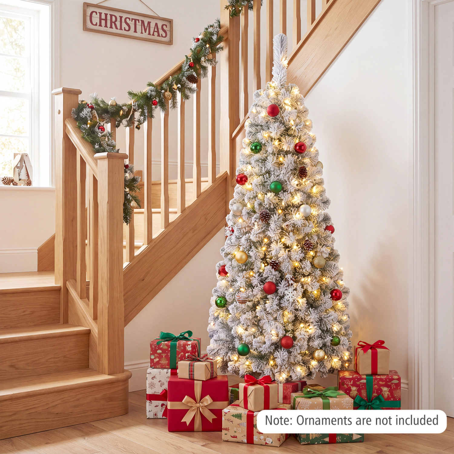 LJG 4.5 Feet Pre-Lit Snow Flocked Pencil Christmas Tree with 150 LED Light