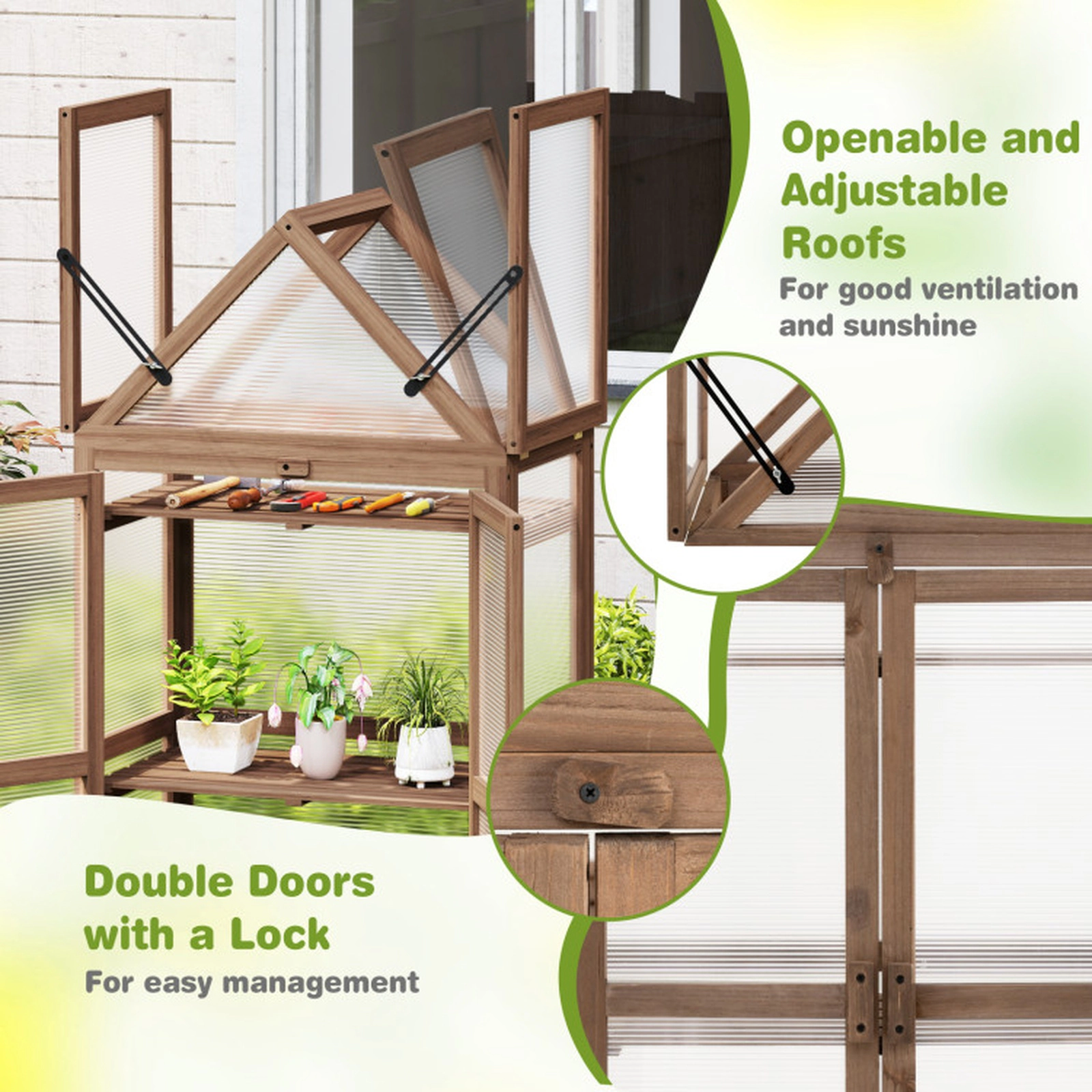 SUGIFT Cold Frame Mini Wooden Greenhouse PVC Panels 28-in Tall 3 Shelves 11-lb Shelf Capacity Rustic Brown+Transparent