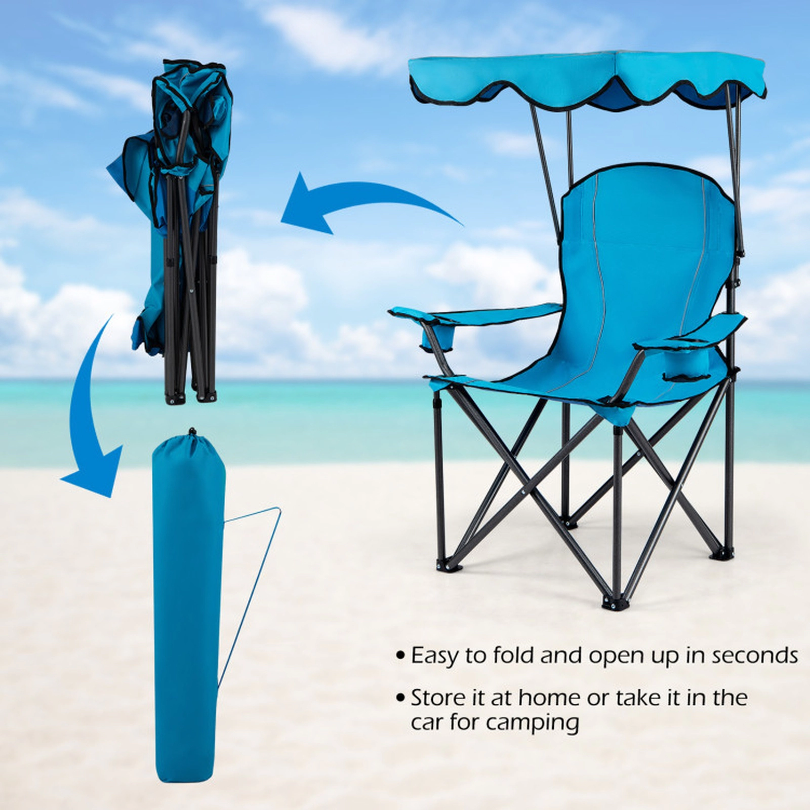 SUGIFT Light Blue Folding Beach Chair with Canopy and Cup Holders 38-in W 26.5-in D 51-in H 265-lb Seat Capacity