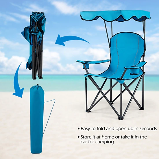 SUGIFT Light Blue Folding Beach Chair with Canopy and Cup Holders 38-in W 26.5-in D 51-in H 265-lb Seat Capacity