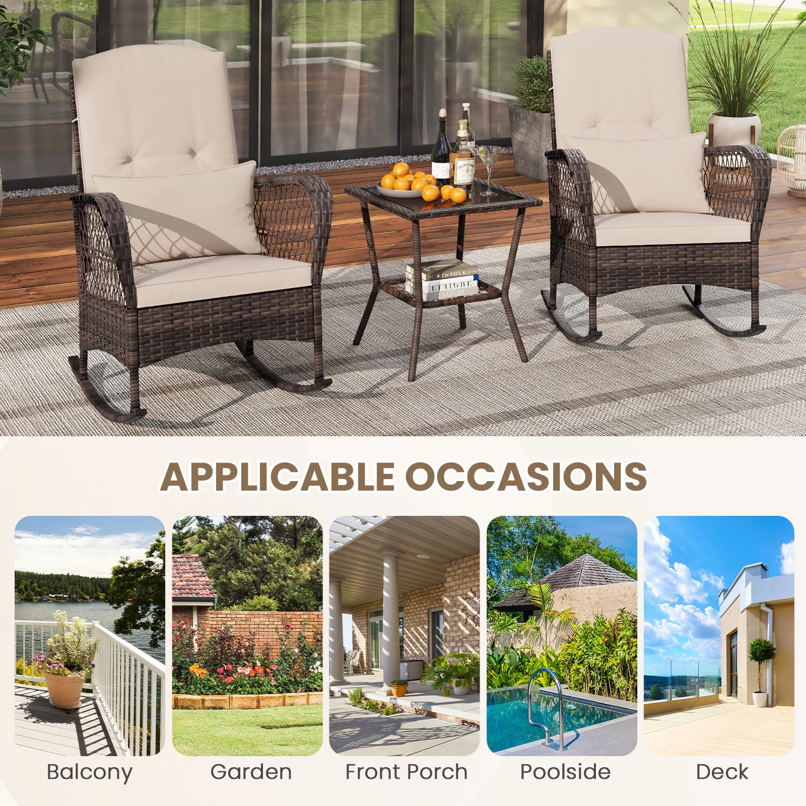 SUGIFT Rocking Conversation Bistro Set with 2-Tier Coffee Table 440-lb Capacity Mix Brown with Cushions