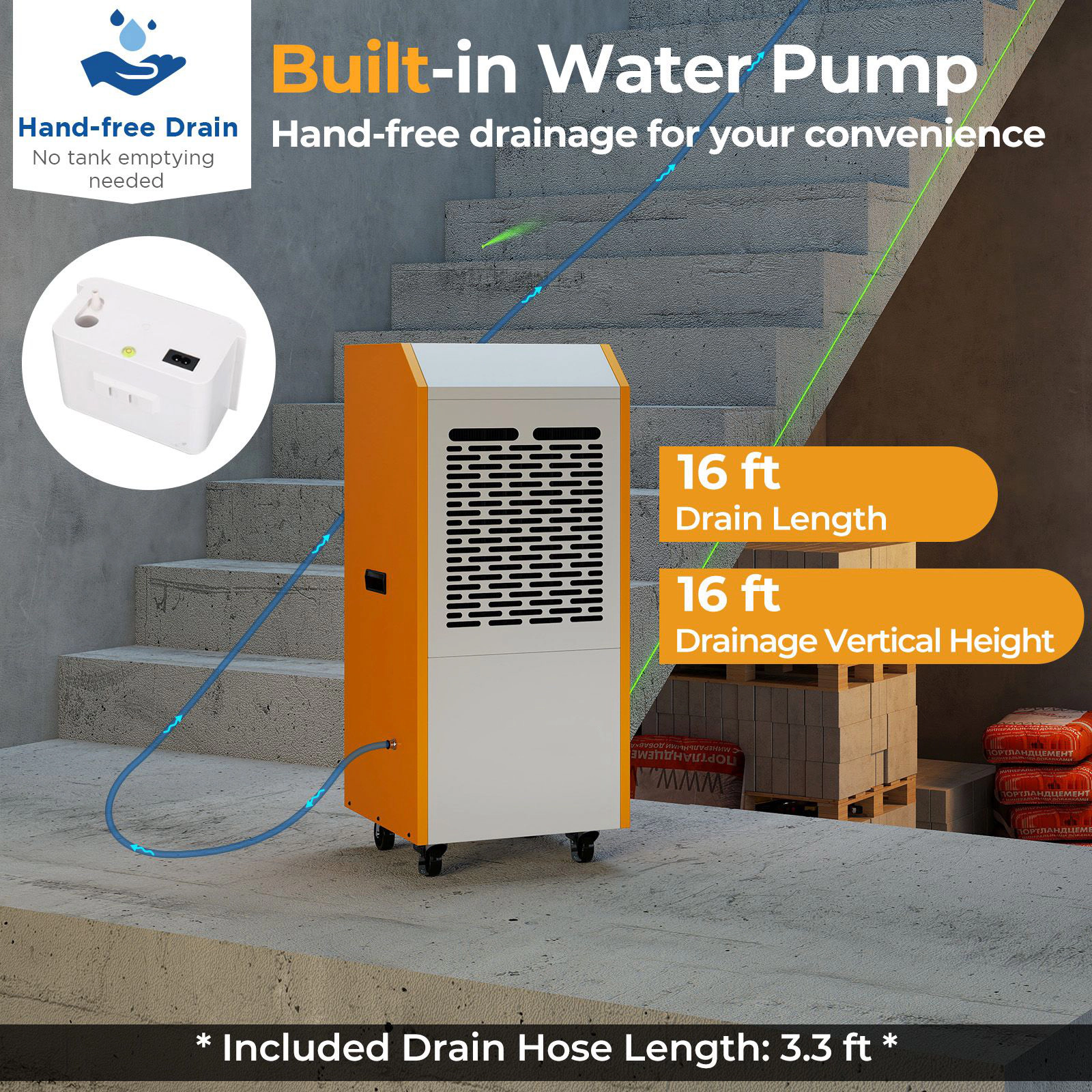 SlickBlue Dehumidifier with 16 Ft Pump Height, Touch Panel, Auto Defrost