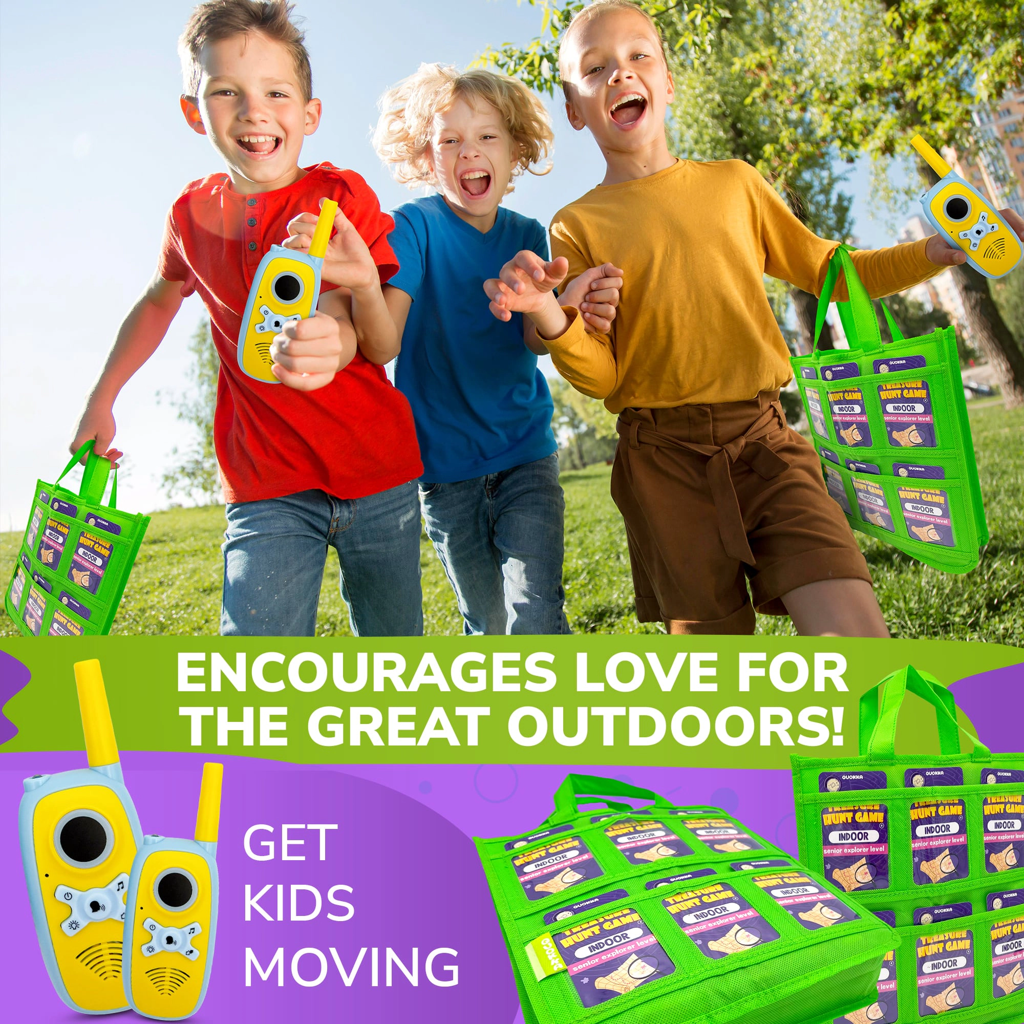 QUOKKA Scavenger Hunt Game for Kids, Indoor & Outdoor Adventure Set with Walkie Talkies & Cards