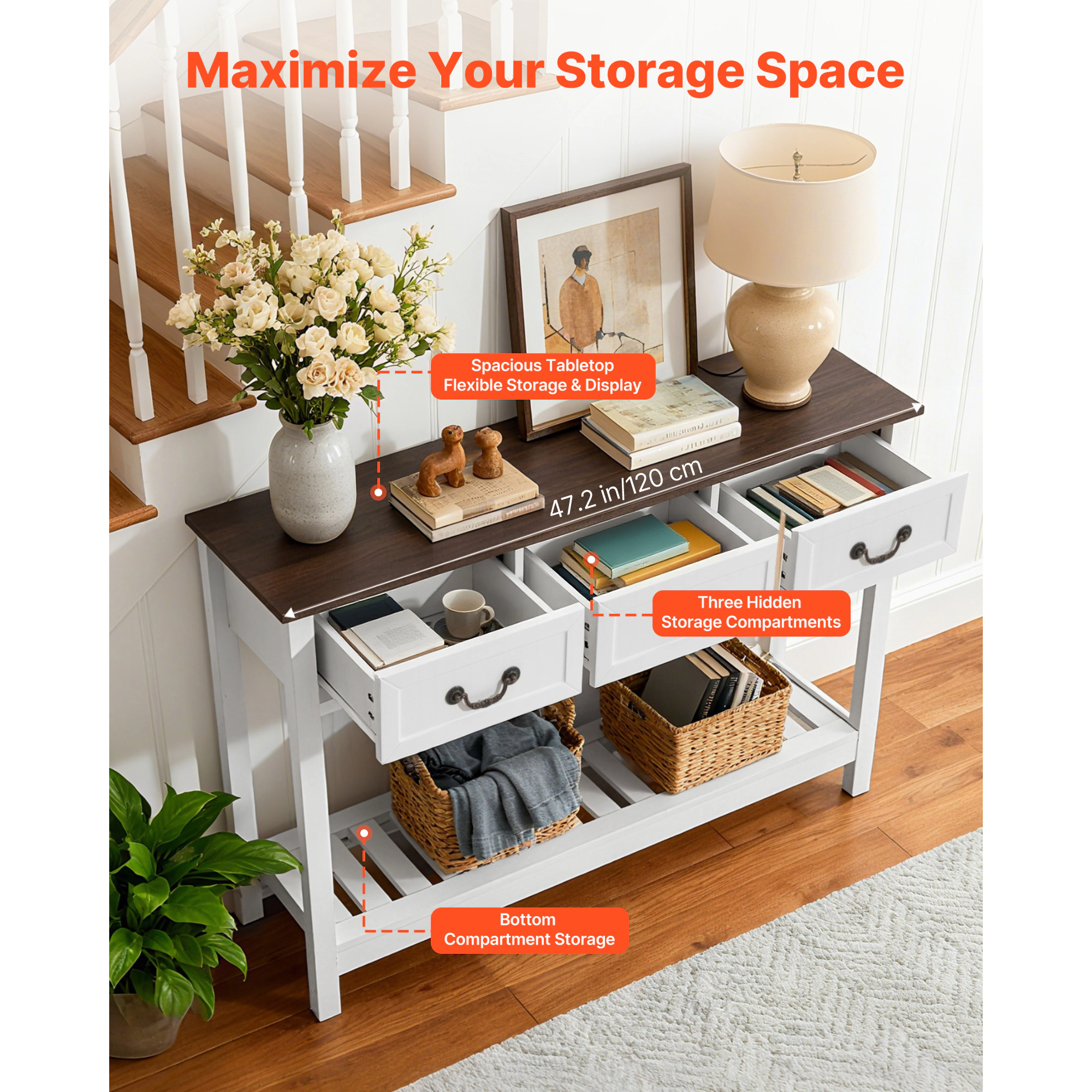 HONGGE Farmhouse Console Table Behind Couch, Wooden Rectangle Narrow Sofa Desk for Hallway Bedroom Living Room Foyer
