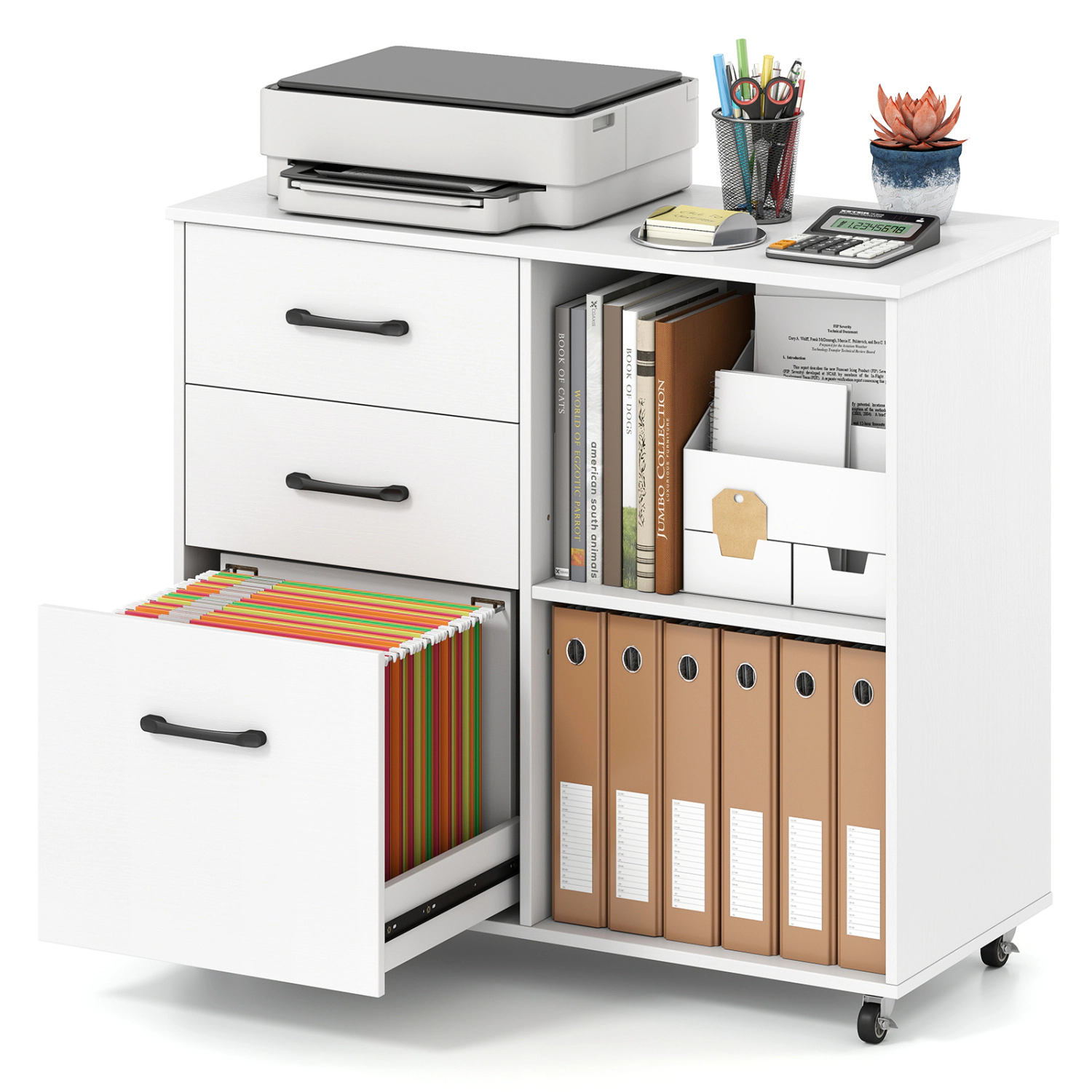 LJG 3-Drawer Mobile File Cabinet with Open Storage Shelves and Wheels for Letter A4 Size