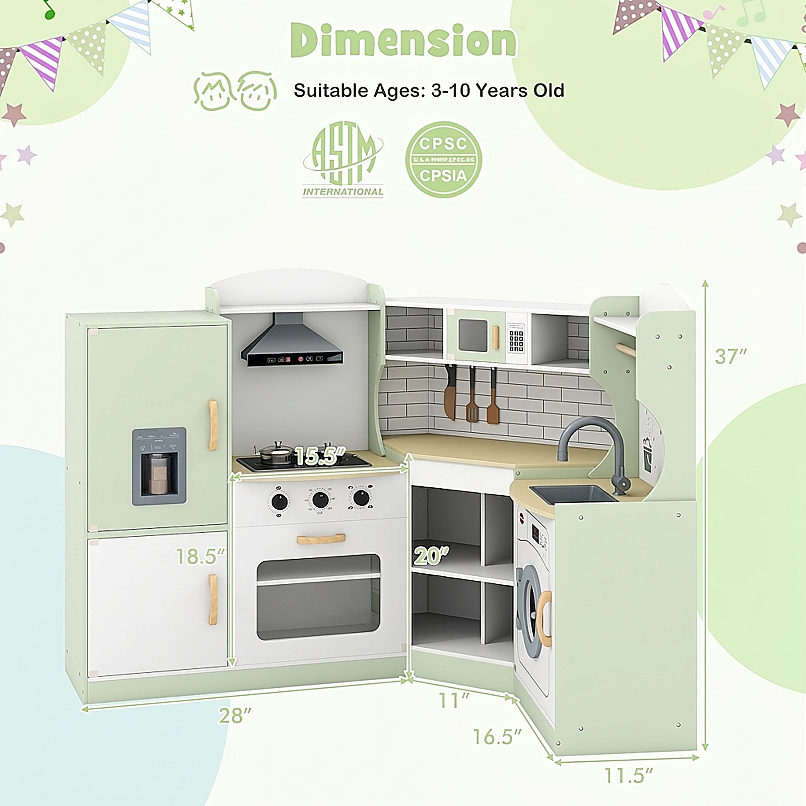 SUGIFT Corner Kids Play Kitchen with Washing Machine, Ice Maker and Storage 37-in Tall Ages 3-10 Years White Pink Brown