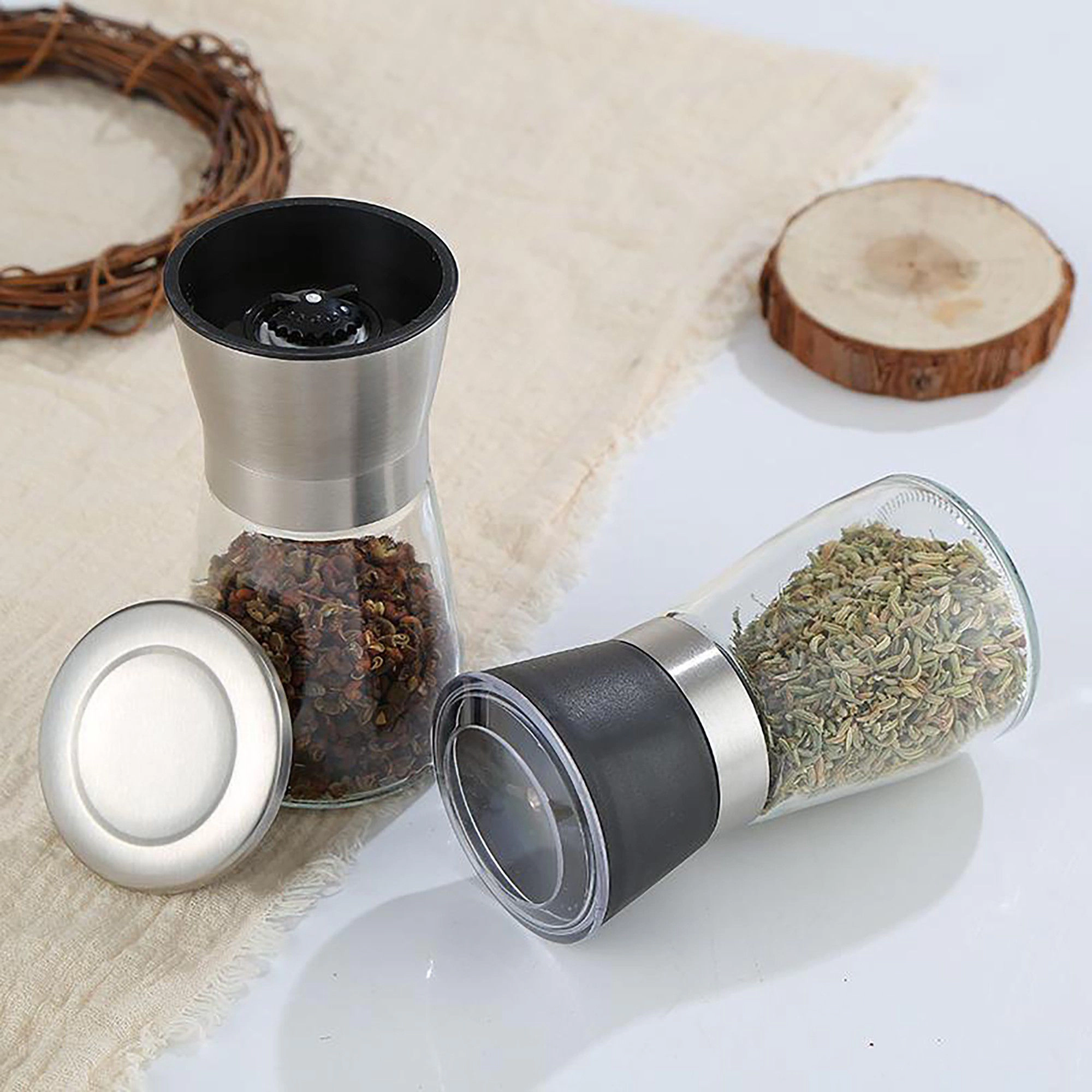 Alilang Unisex 2-Piece Glass Salt and Pepper Grinder Set with Stainless Steel Accent