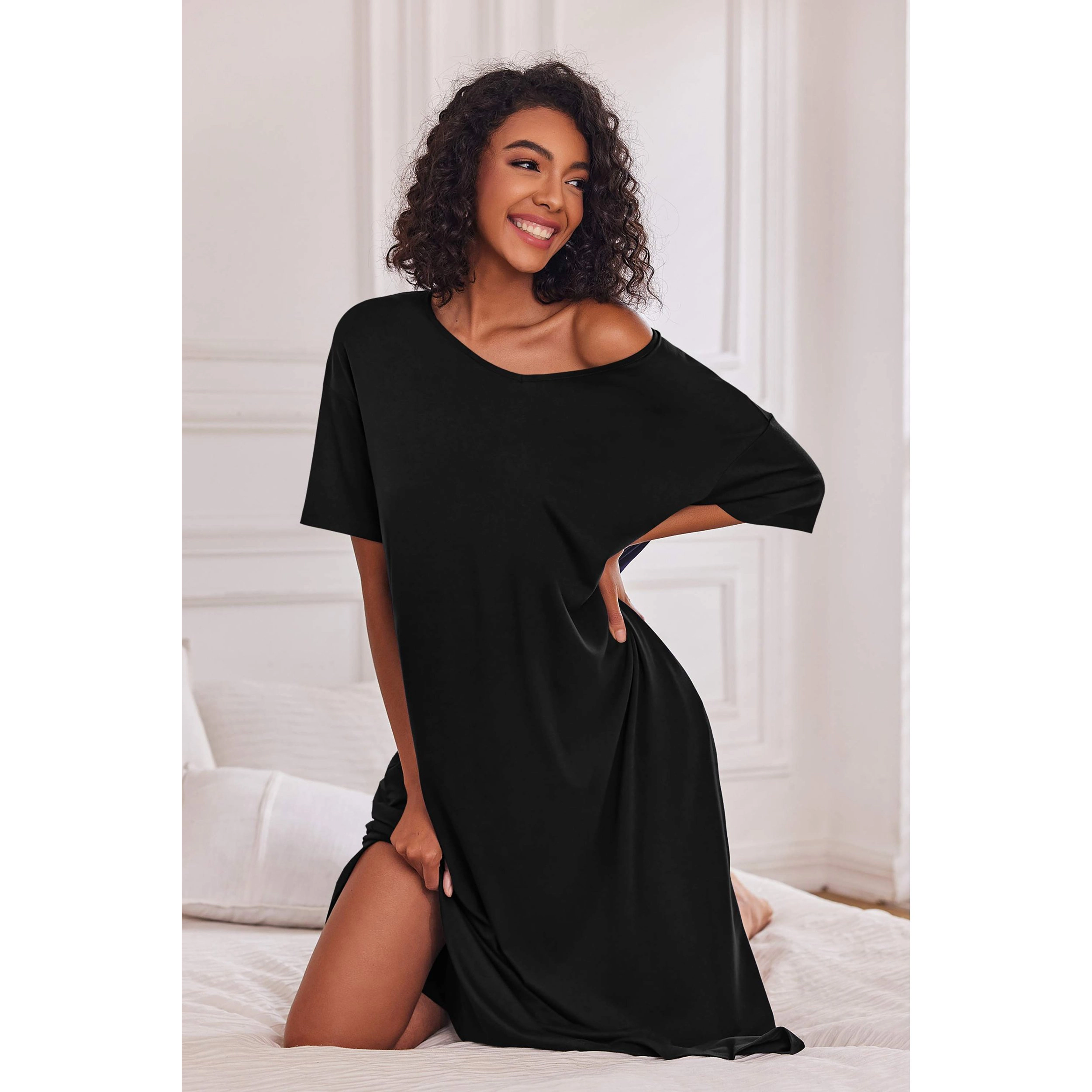 Ekouaer Long Nightgown for Women Short Sleeve Sleepwear Plus Loungewear with Pockets