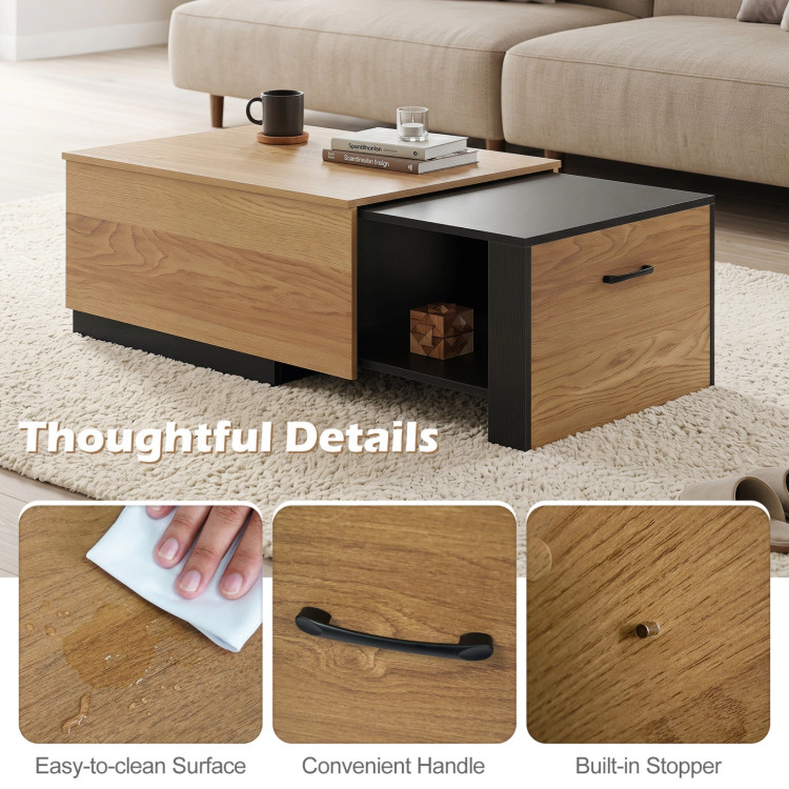 SUGIFT 27-in to 43.5-in Extendable 310-lb Capacity Natural Coffee Table with Concealed Storage Compartment