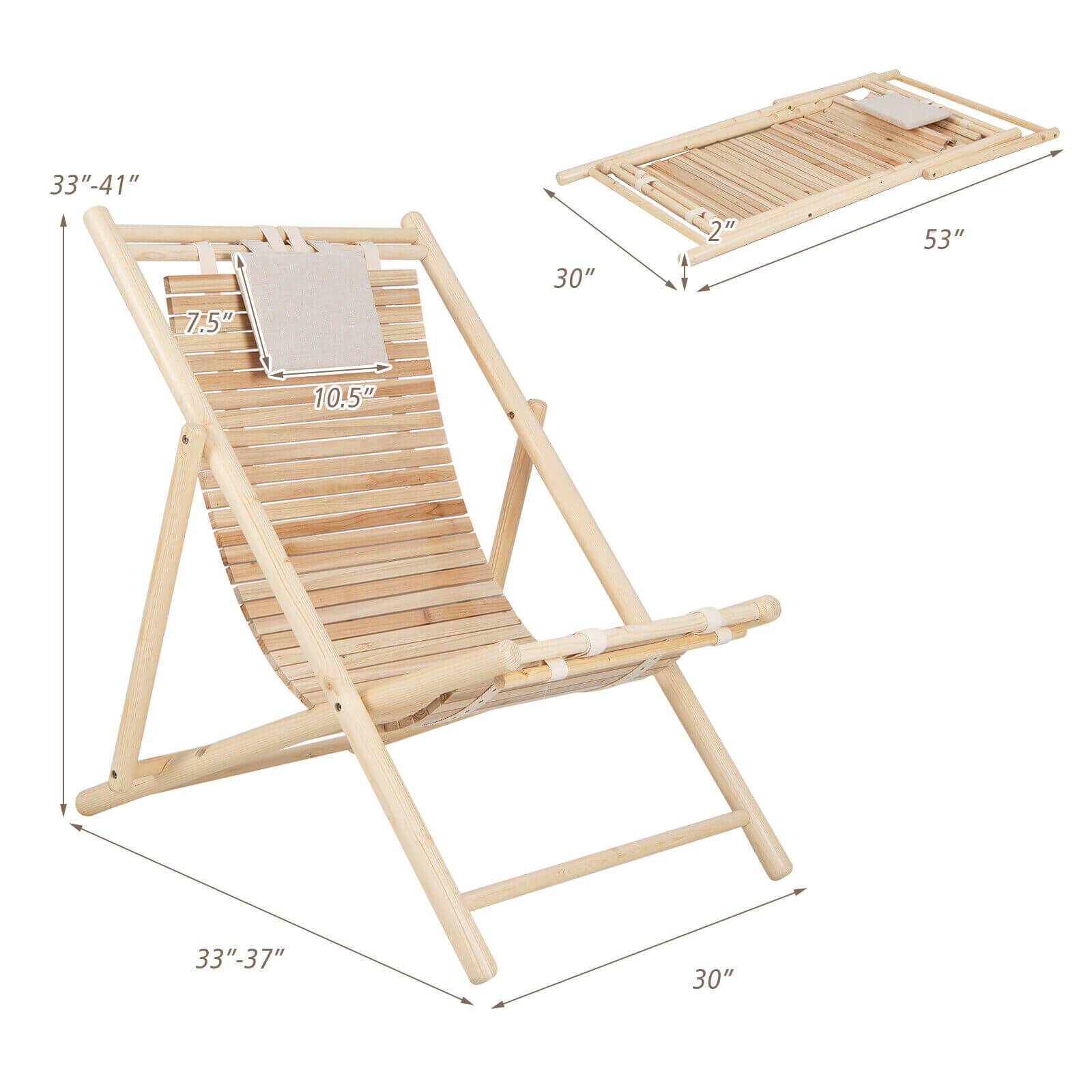 LJG Solid Fir Wood Lounge Chair with 3-Level Adjustable