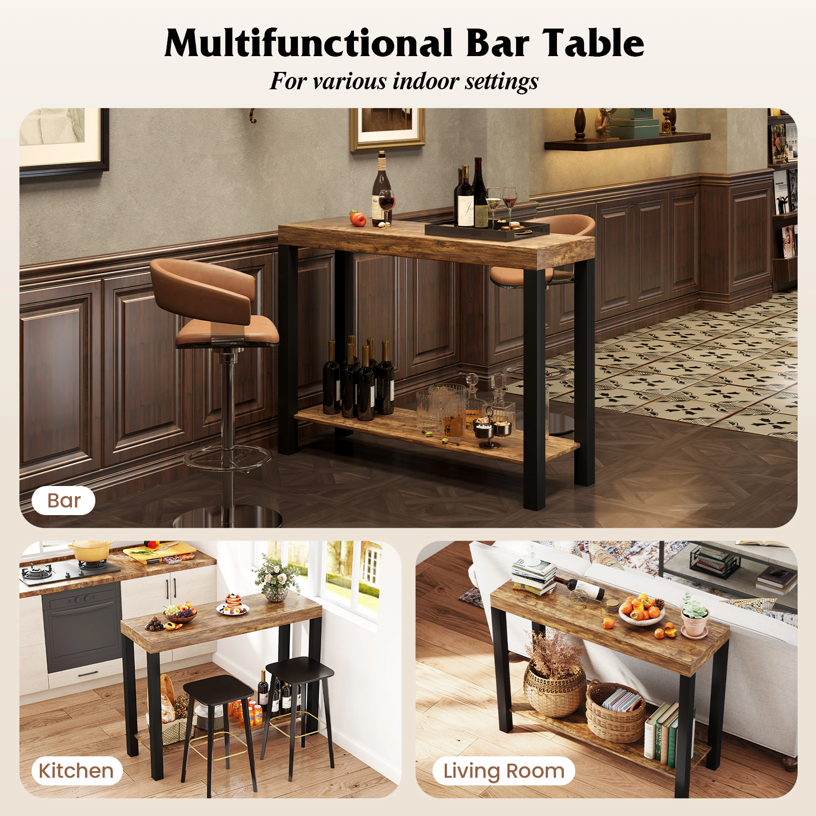 SUGIFT 48-in Counter-Height Bar Table with 2 Open Shelves, Cashew Wood and Metal Frame