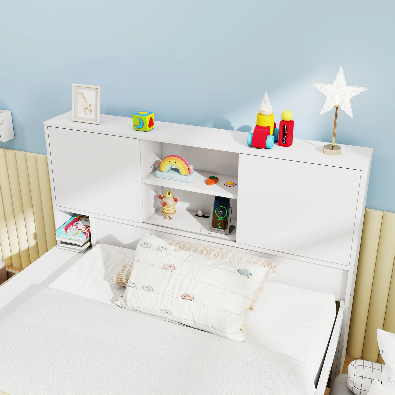 Twin Size Bed Frame with Trundle and Power Outlets Solid Wood Kids Bed with Storage Headboard Bedside Shelves White