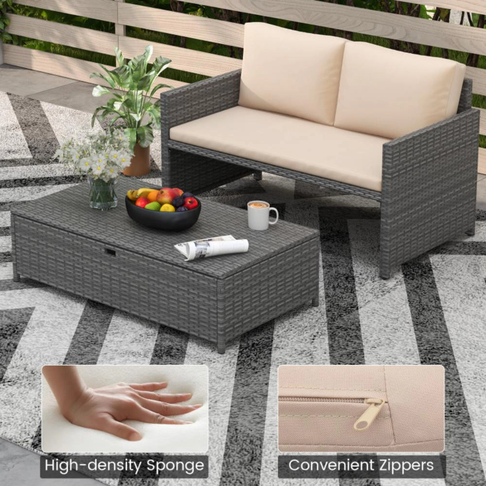 Hivvago Outdoor Rattan Daybed Wicker Loveseat And 31 Gallon Storage Ottoman-Brown