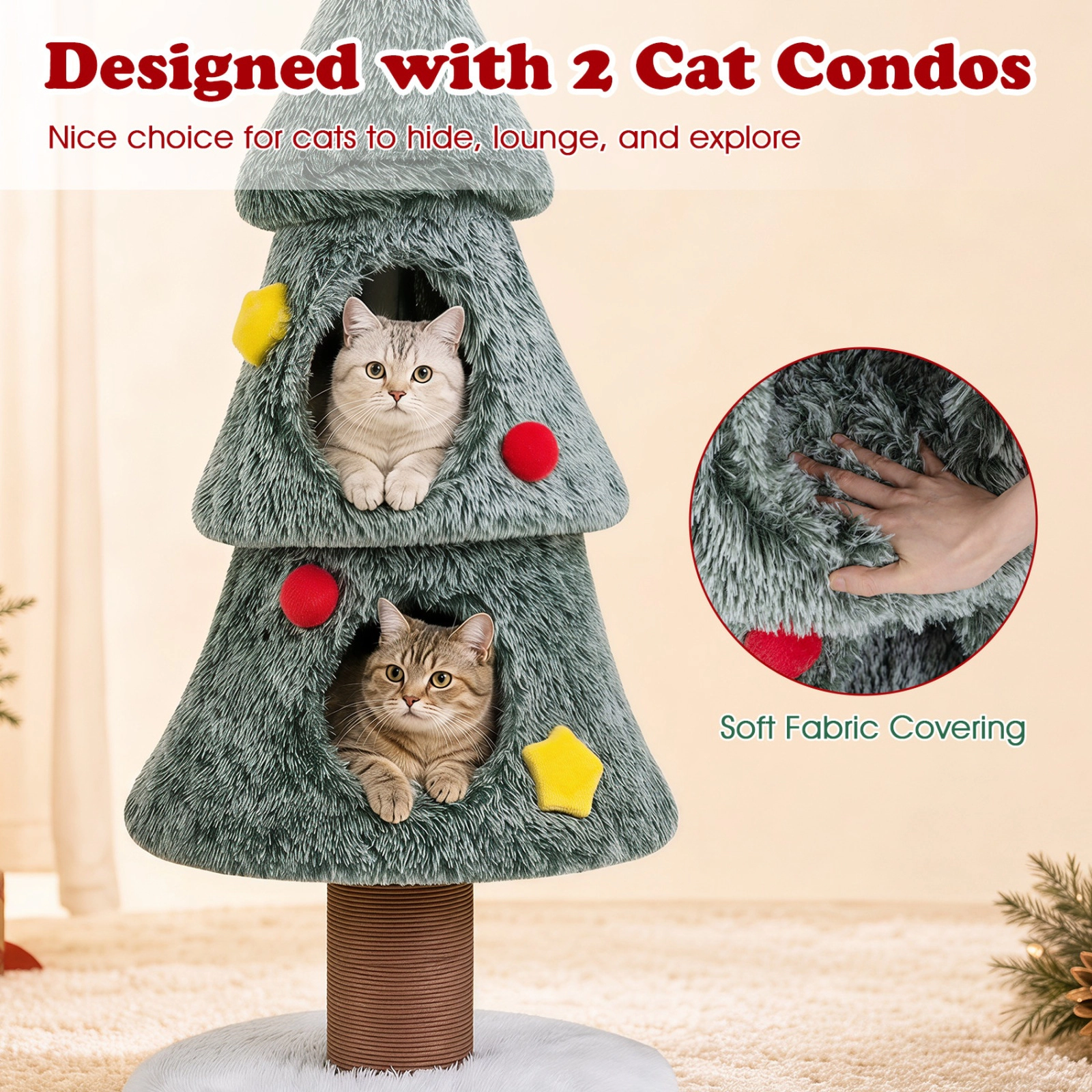 SUGIFT 50-in Tall Christmas Tree Shaped Cat Tree Tower with 2 Condos Scratching Post and Plush Perch
