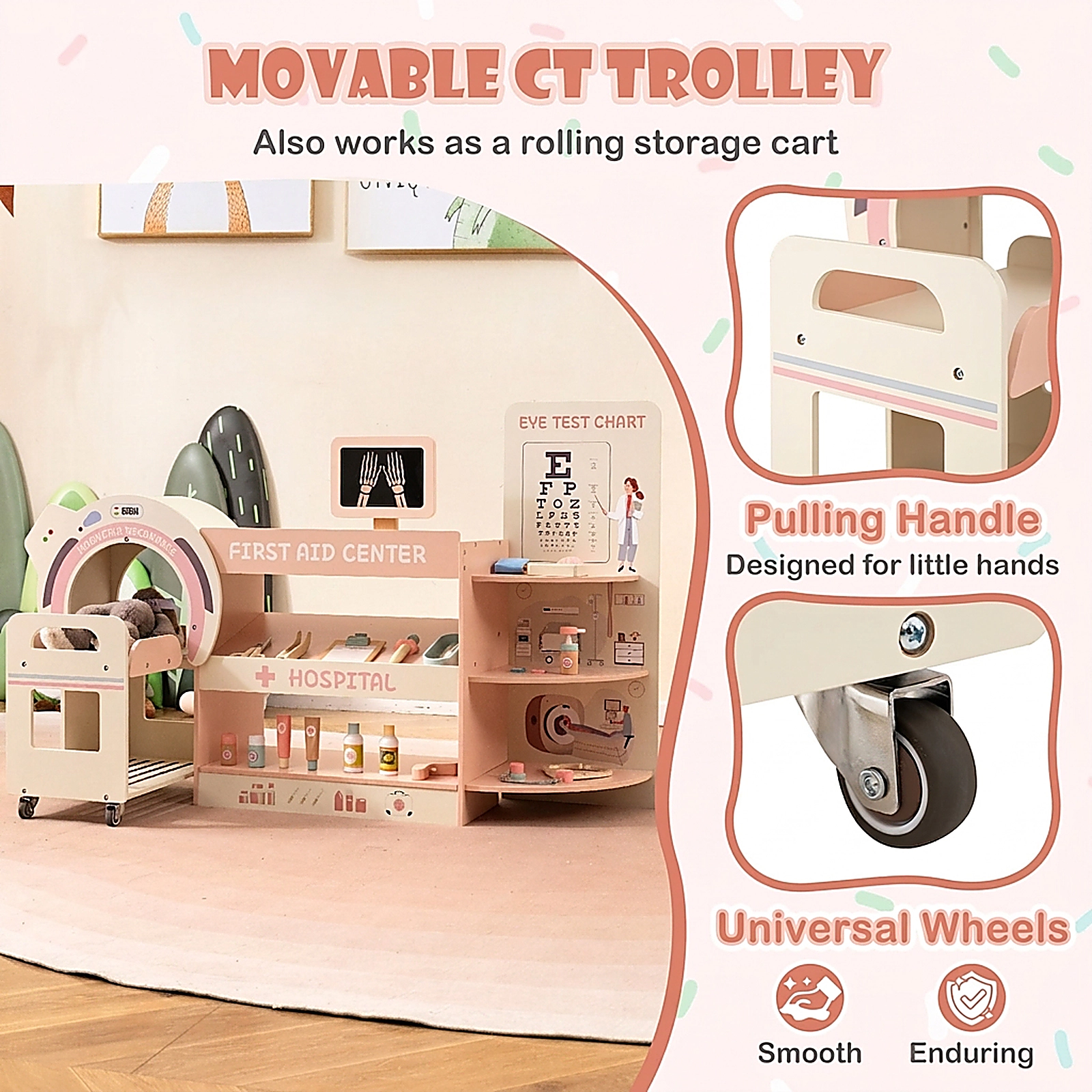 SUGIFT Wooden Kids Doctor Play Set Pretend Hospital Office Kit Eye Chart & Toy CT Machine 45.5-in Station Ages 3+ Pink