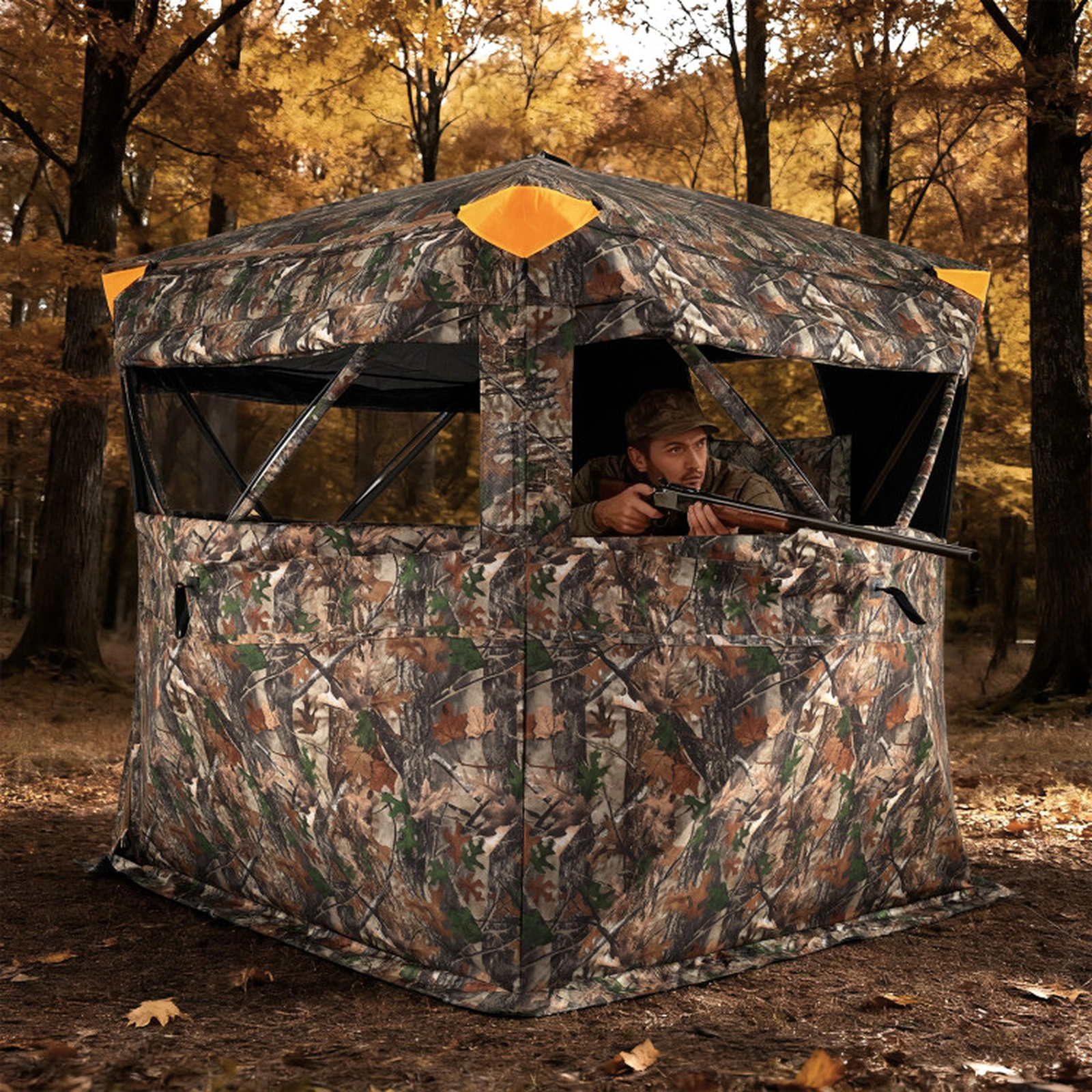 SUGIFT Camouflage 70-in Pop-Up Hunting Blind with 4 Blaze Orange Safety Panels and Full-Open Swing Door