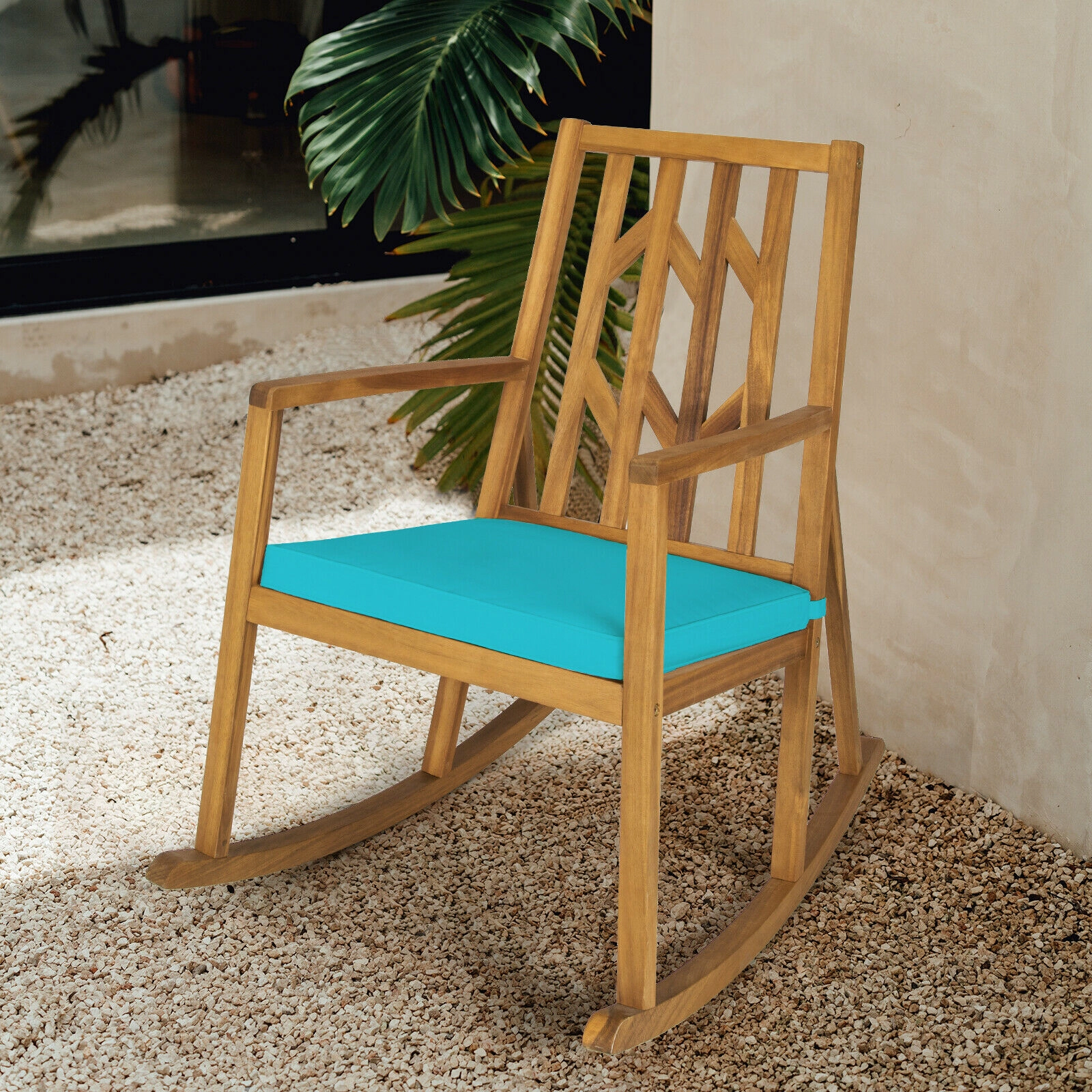 SUGIFT Patio Rocking Chair Sofa with Armrest and Cushion 350-Lb Capacity Natural Chair with Turquoise Cushion