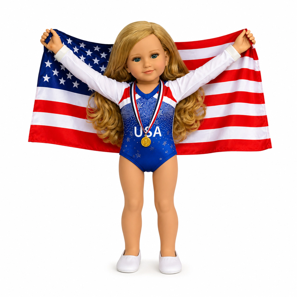 MBD® USA Gymnastics Doll Outfit Set with Mat, American Flag, Medal & Slippers – Fits 18 Inch Dolls
