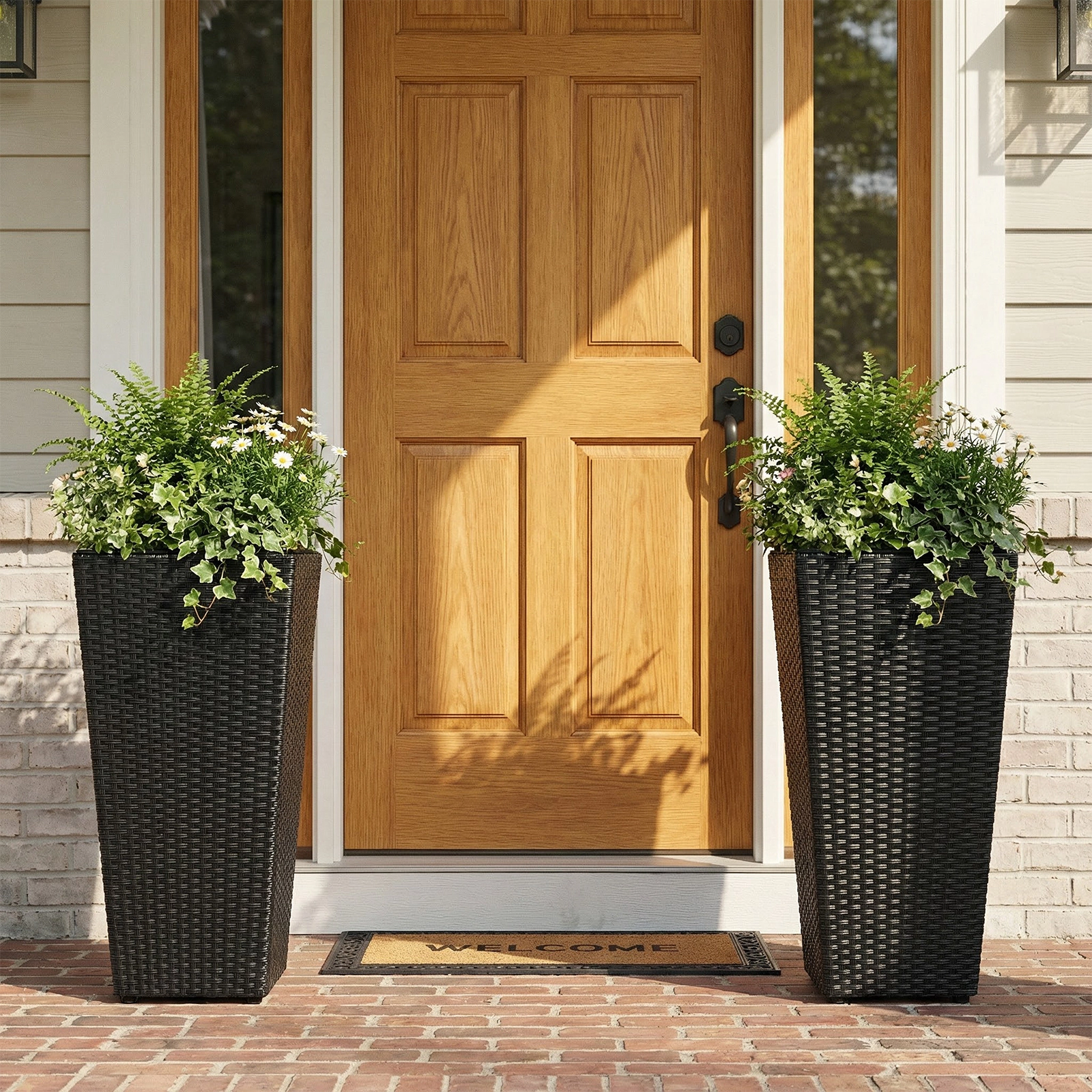 LJG Set of 2 Rattan Tall Plant Pots with Detachable Plastic Liners