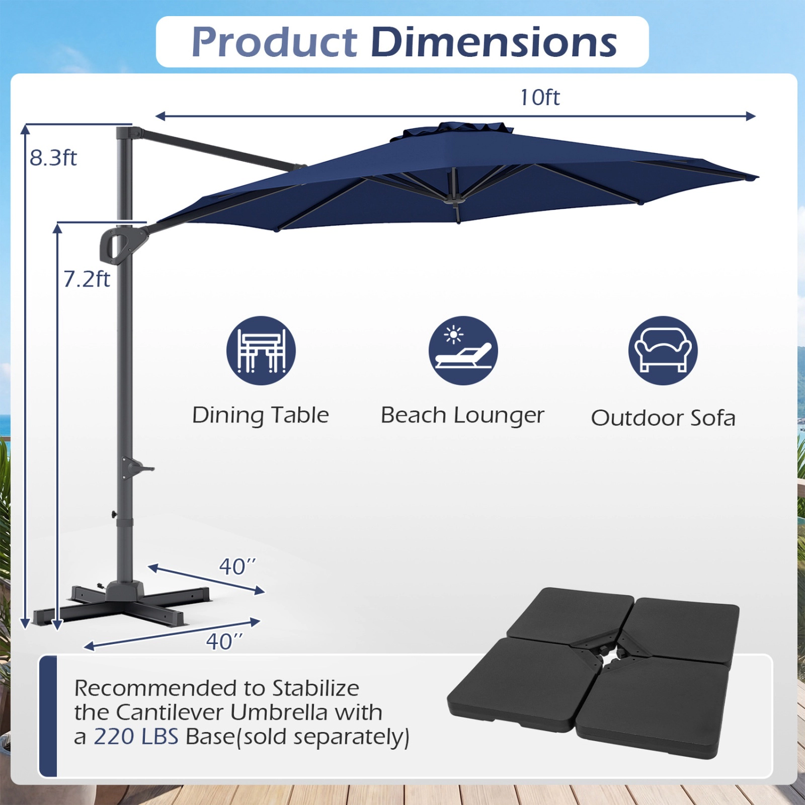 SUGIFT 10-ft Navy Offset Cantilever Patio Umbrella, 40-in Cross Base, 360-Degree Swivel