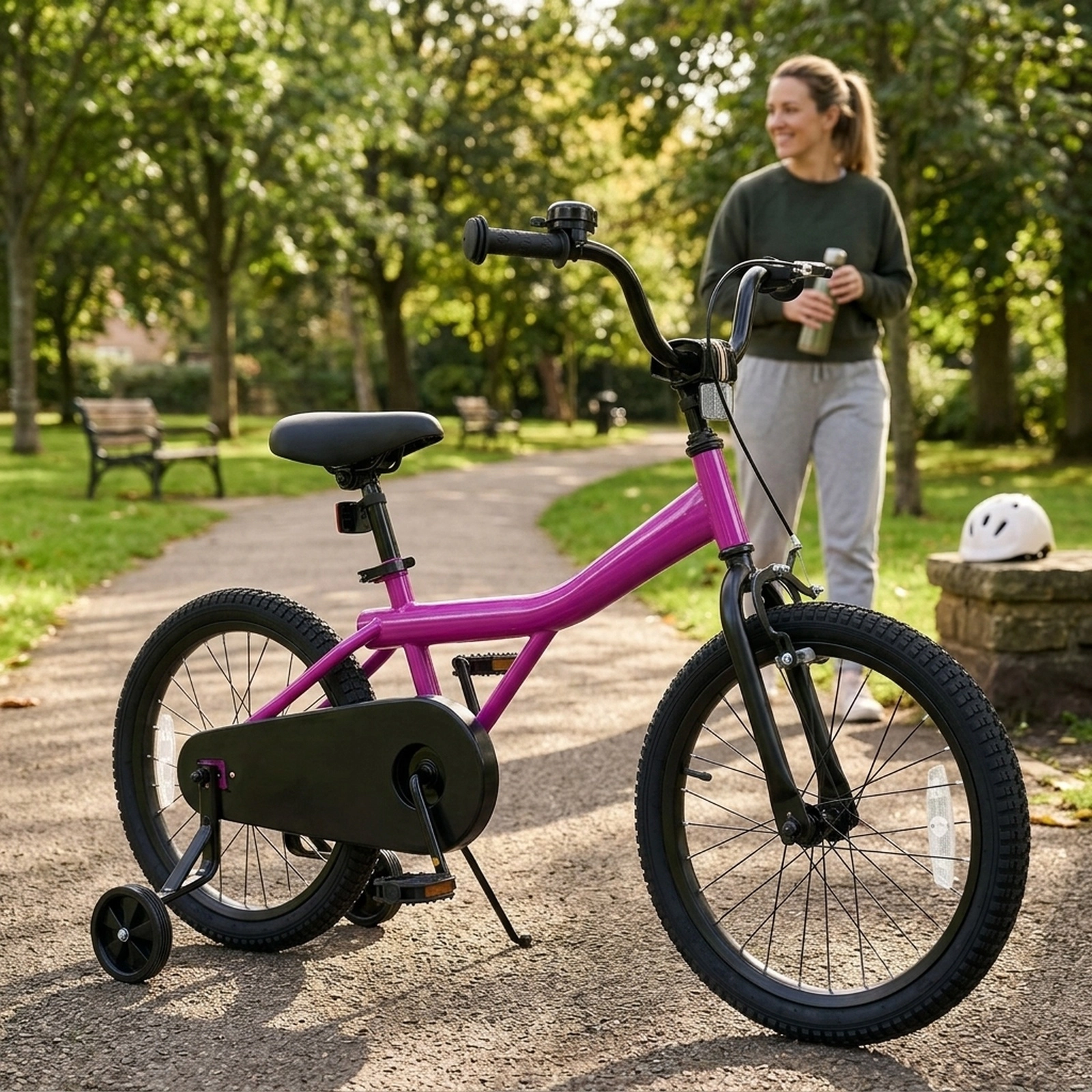 18-in Kids Bike Removable Training Wheels Kickstand Adjustable Seat and Handlebar Enclosed Chain Guard Ages 4-8 Pink