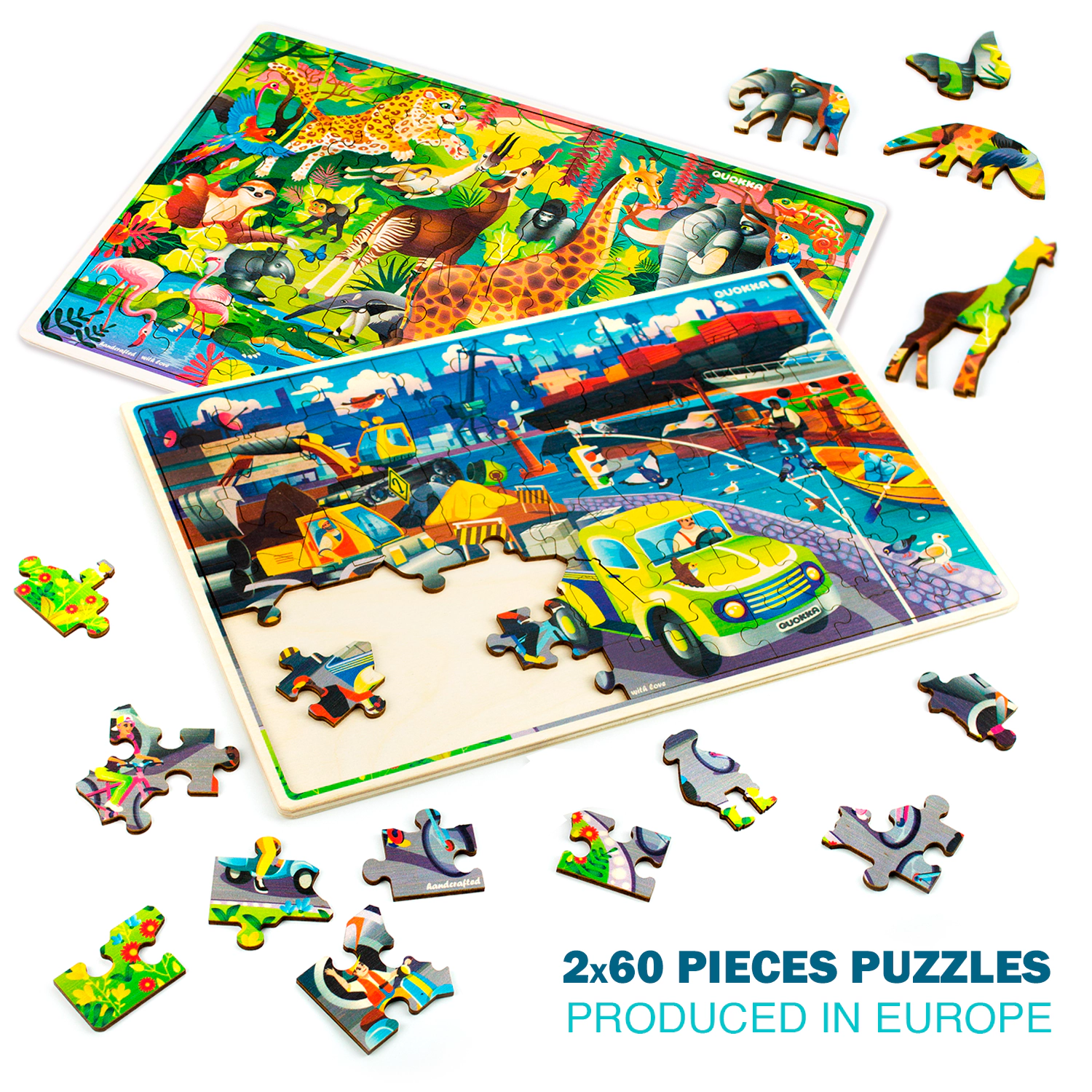 QUOKKA Wooden Jigsaw Puzzle Set for Kids Ages 4–10, 4-Pack, 60 Pieces Each, Animal, Dinosaur & City Themes