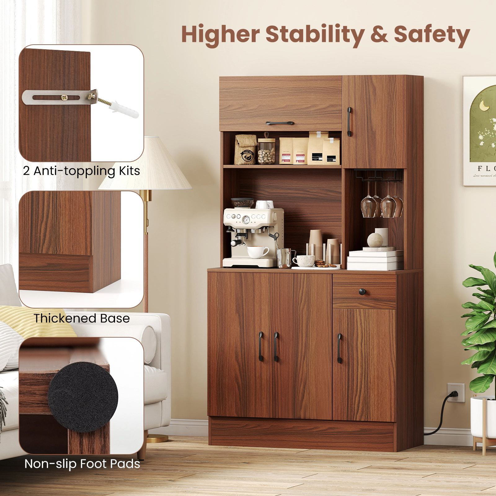 Glintex 66-Inch Pantry Cabinet with Gas-Strut Flip-Up Door and Charging Station, Brown